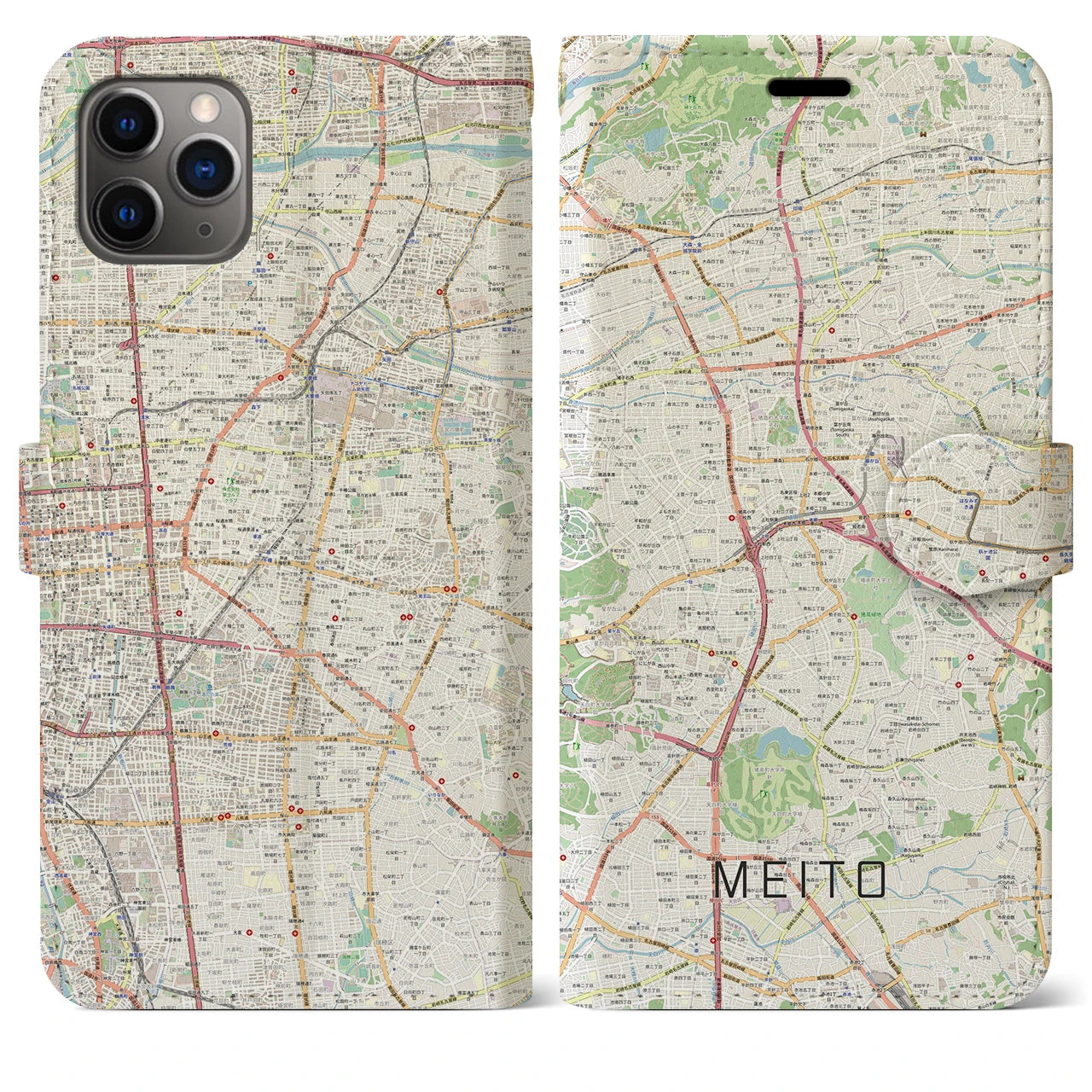 【名東(愛知県)】地図柄iPhoneケース(手帳タイプ)ナチュラル・iPhone 11 Pro Max 用