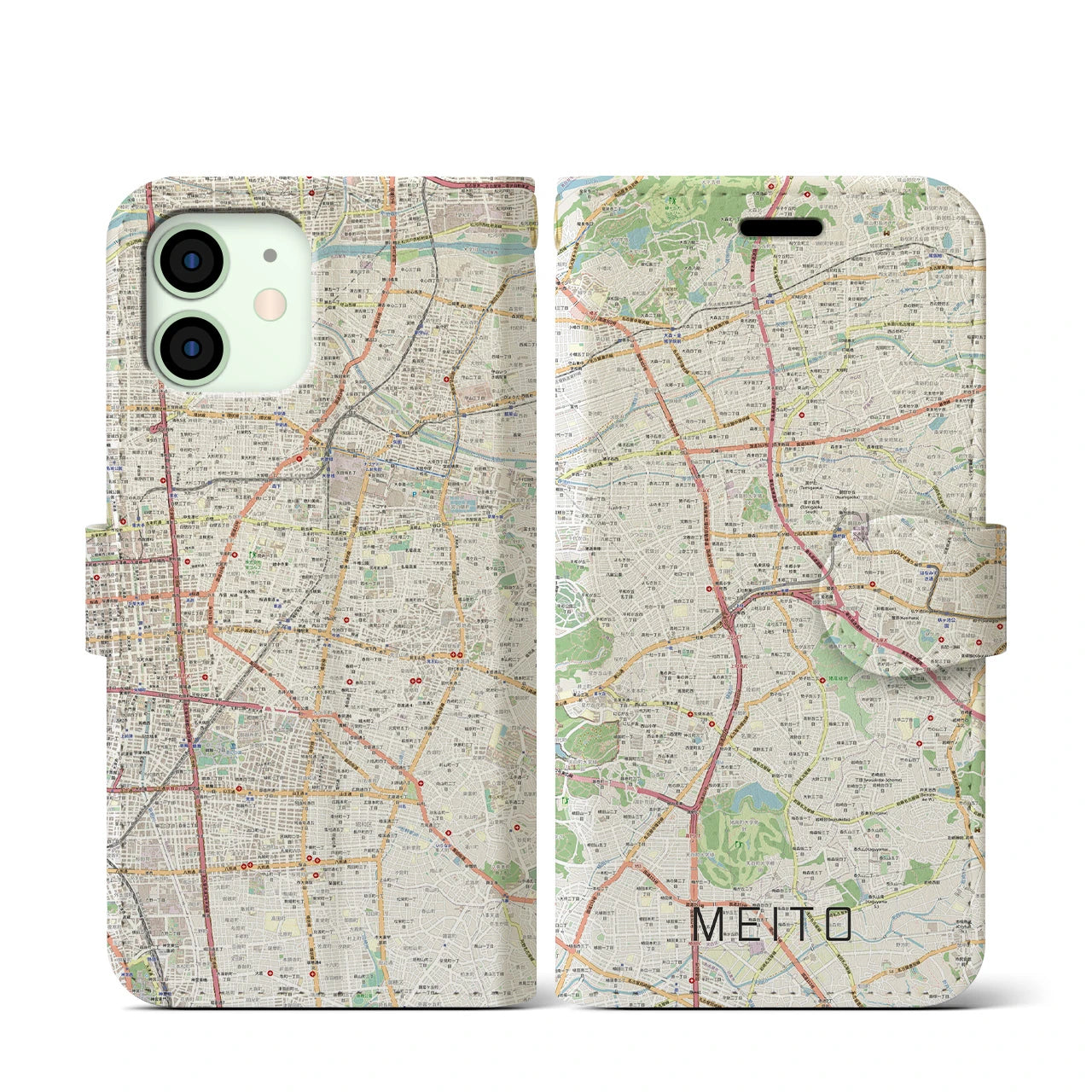 【名東(愛知県)】地図柄iPhoneケース(手帳タイプ)ナチュラル・iPhone 12 mini 用