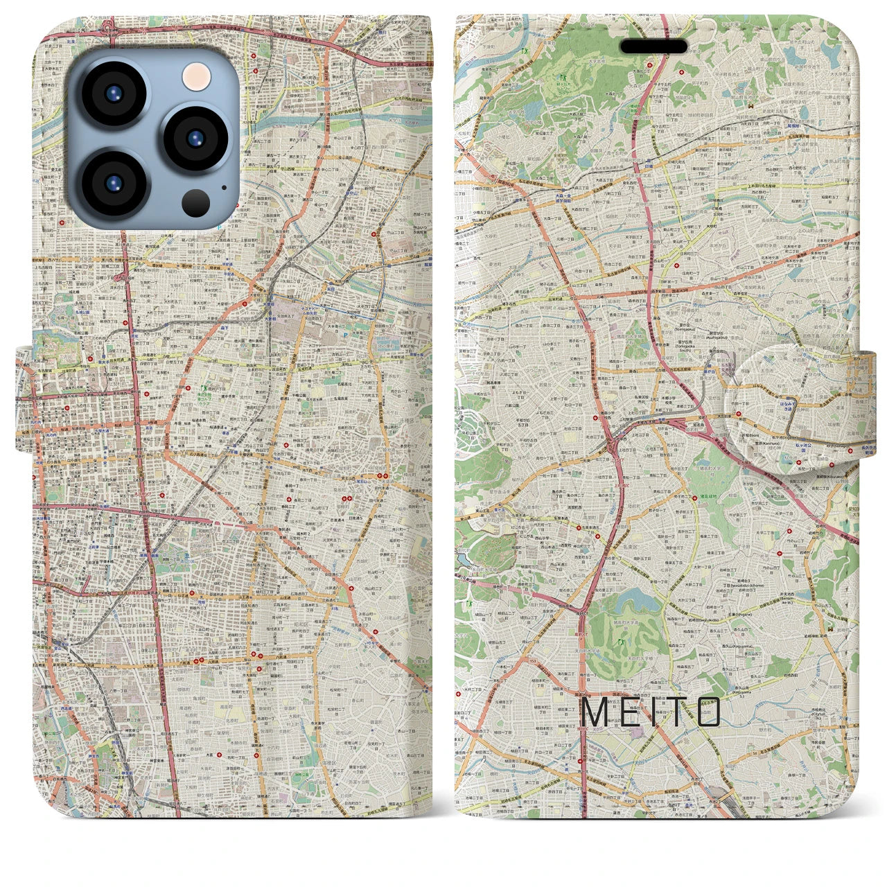 【名東(愛知県)】地図柄iPhoneケース(手帳タイプ)ナチュラル・iPhone 13 Pro Max 用
