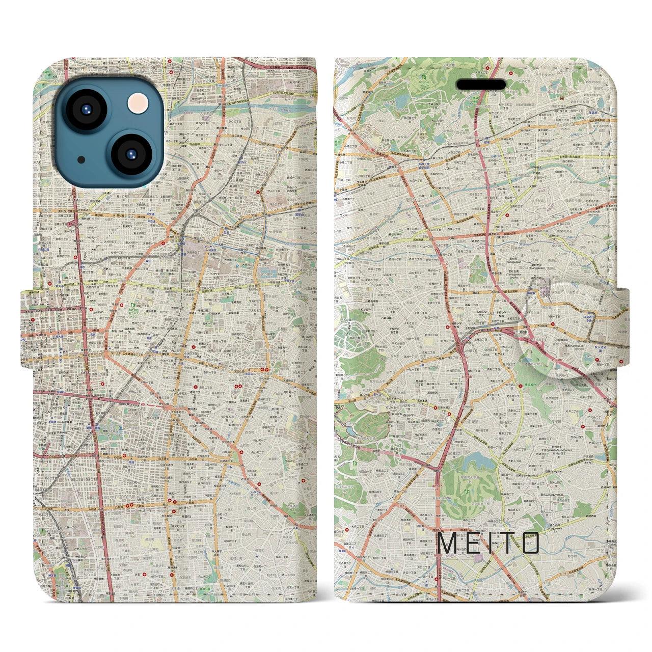 【名東(愛知県)】地図柄iPhoneケース(手帳タイプ)ナチュラル・iPhone 13 用