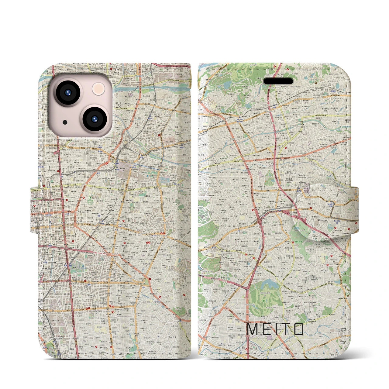 【名東(愛知県)】地図柄iPhoneケース(手帳タイプ)ナチュラル・iPhone 13 mini 用