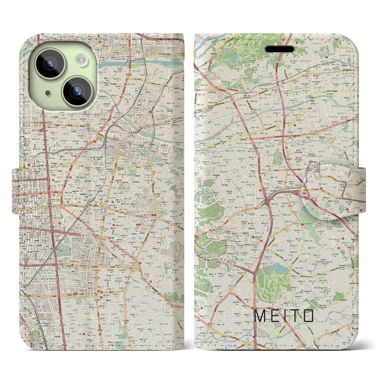 【名東(愛知県)】地図柄iPhoneケース(手帳タイプ)ナチュラル・iPhone 15 用