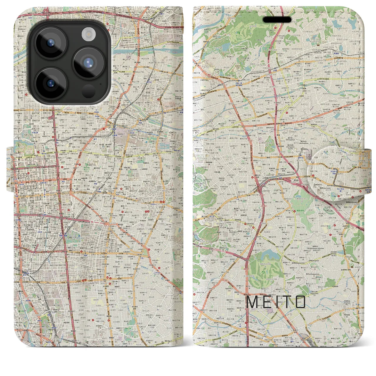 【名東(愛知県)】地図柄iPhoneケース(手帳タイプ)ナチュラル・iPhone 15 Pro Max 用