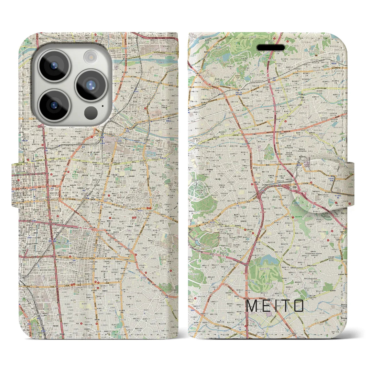 【名東(愛知県)】地図柄iPhoneケース(手帳タイプ)ナチュラル・iPhone 15 Pro 用