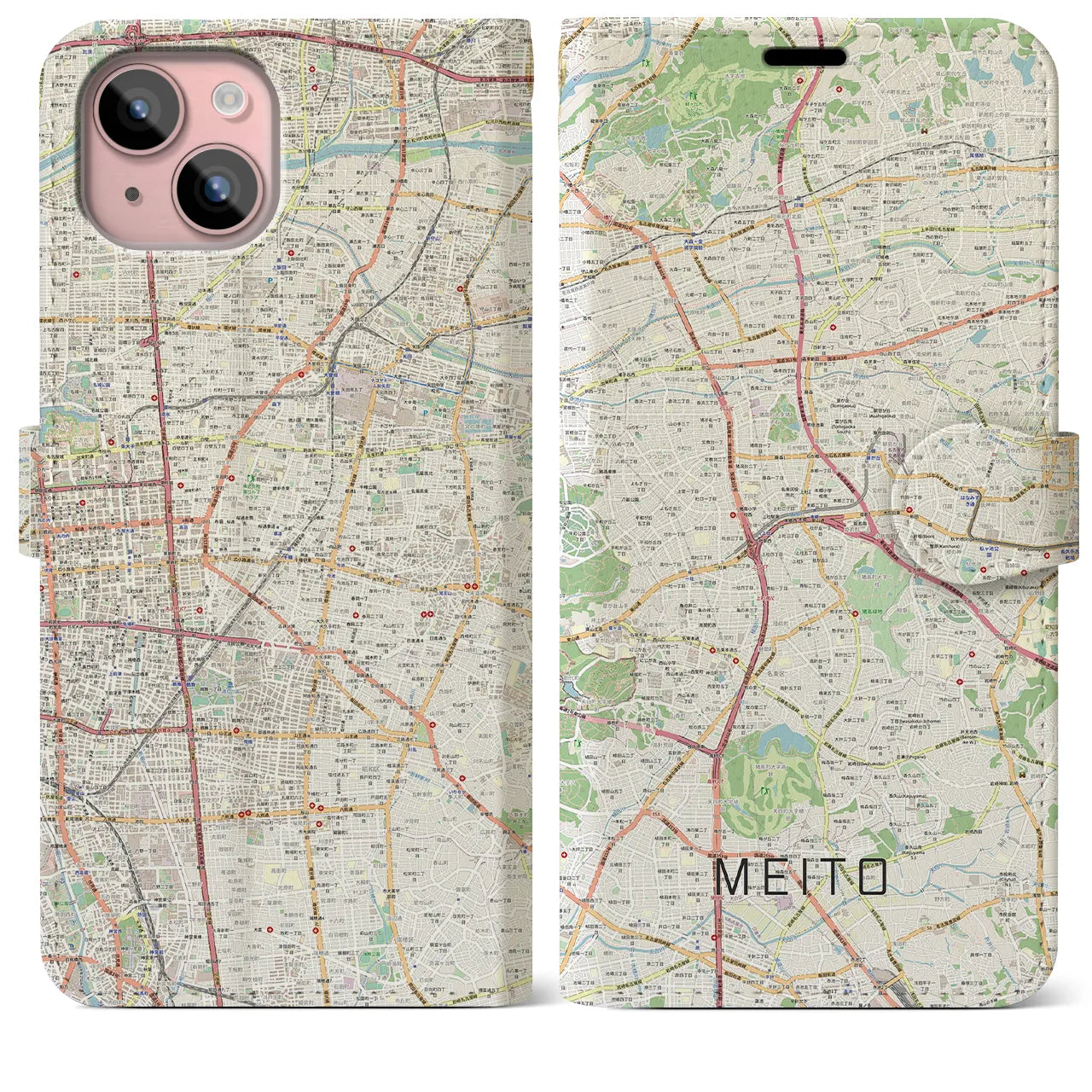 【名東(愛知県)】地図柄iPhoneケース(手帳タイプ)ナチュラル・iPhone 15 Plus 用