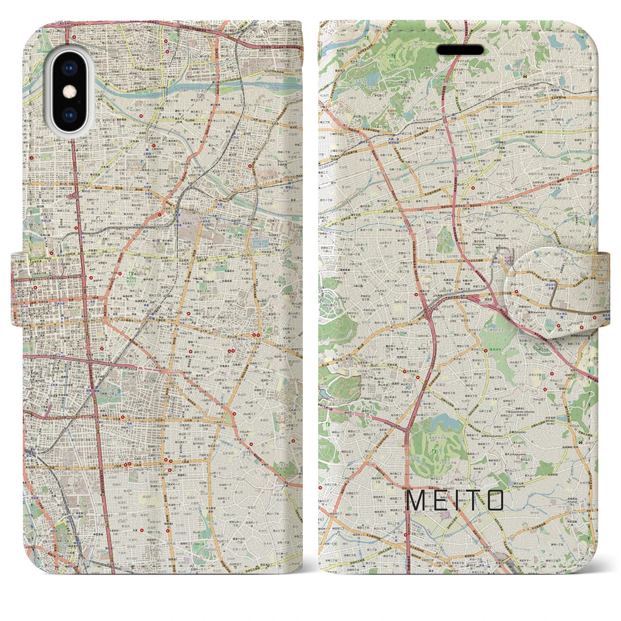 【名東(愛知県)】地図柄iPhoneケース(手帳タイプ)ナチュラル・iPhone XS Max 用