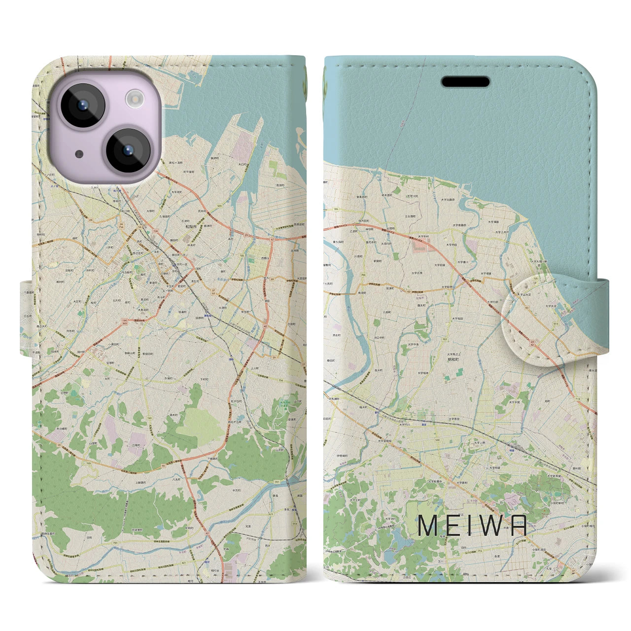 【明和(三重県)】地図柄iPhoneケース(手帳タイプ)ナチュラル・iPhone 14 用