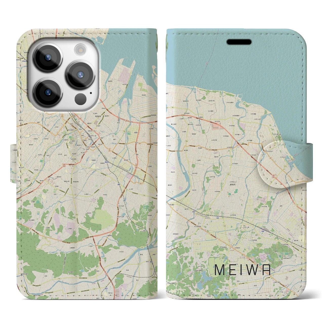 【明和(三重県)】地図柄iPhoneケース(手帳タイプ)ナチュラル・iPhone 14 Pro 用