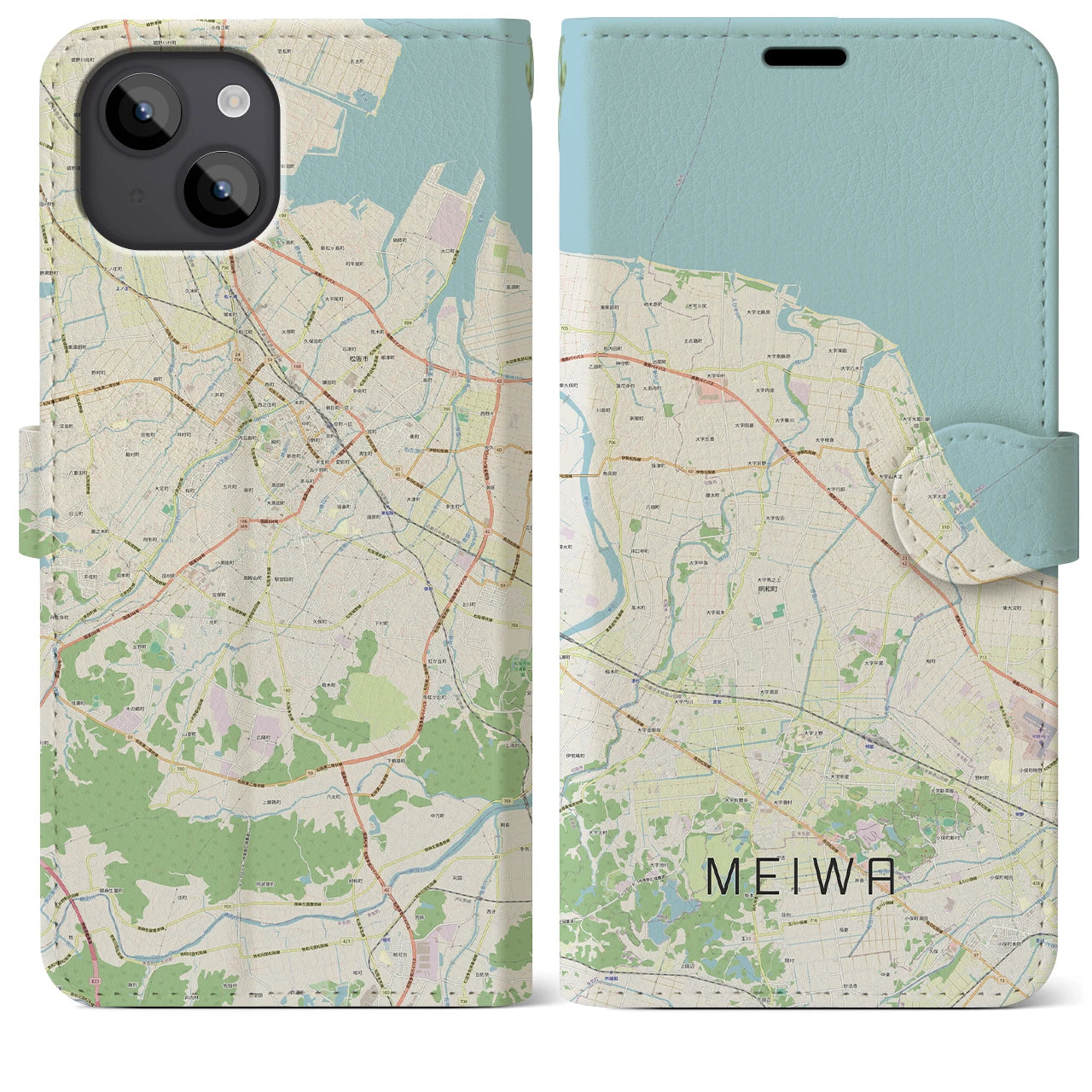 【明和(三重県)】地図柄iPhoneケース(手帳タイプ)ナチュラル・iPhone 14 Plus 用