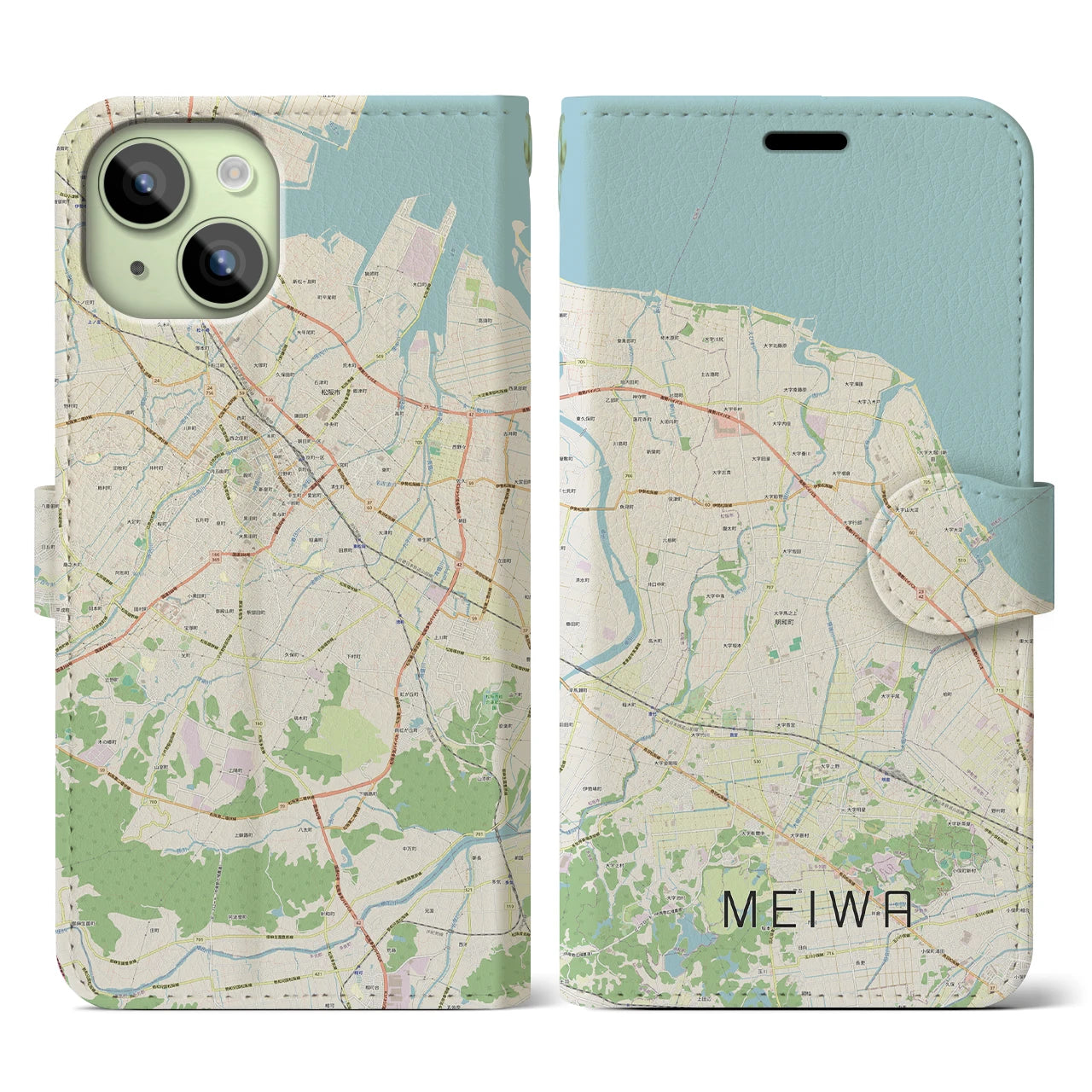 【明和(三重県)】地図柄iPhoneケース(手帳タイプ)ナチュラル・iPhone 15 用