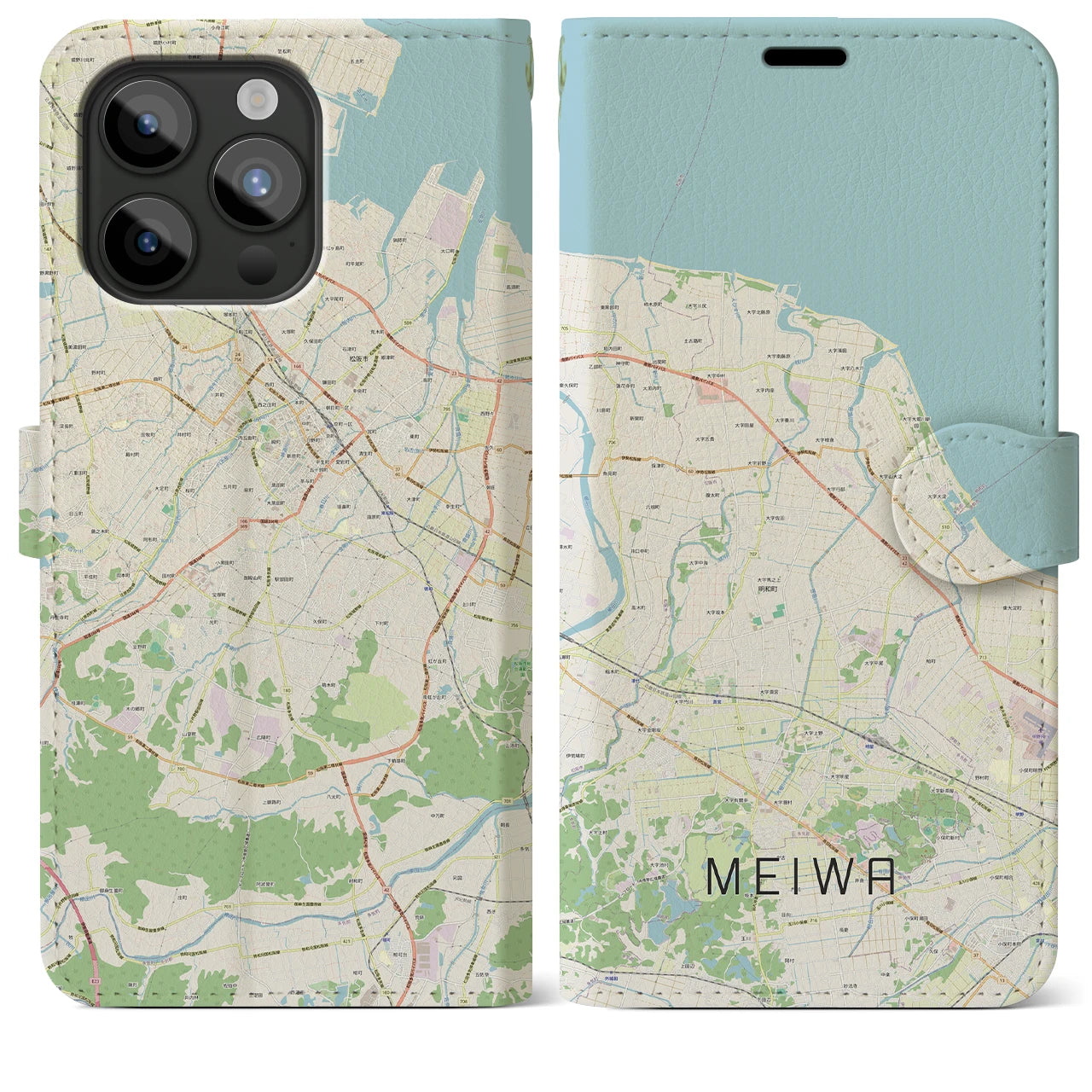 【明和(三重県)】地図柄iPhoneケース(手帳タイプ)ナチュラル・iPhone 15 Pro Max 用