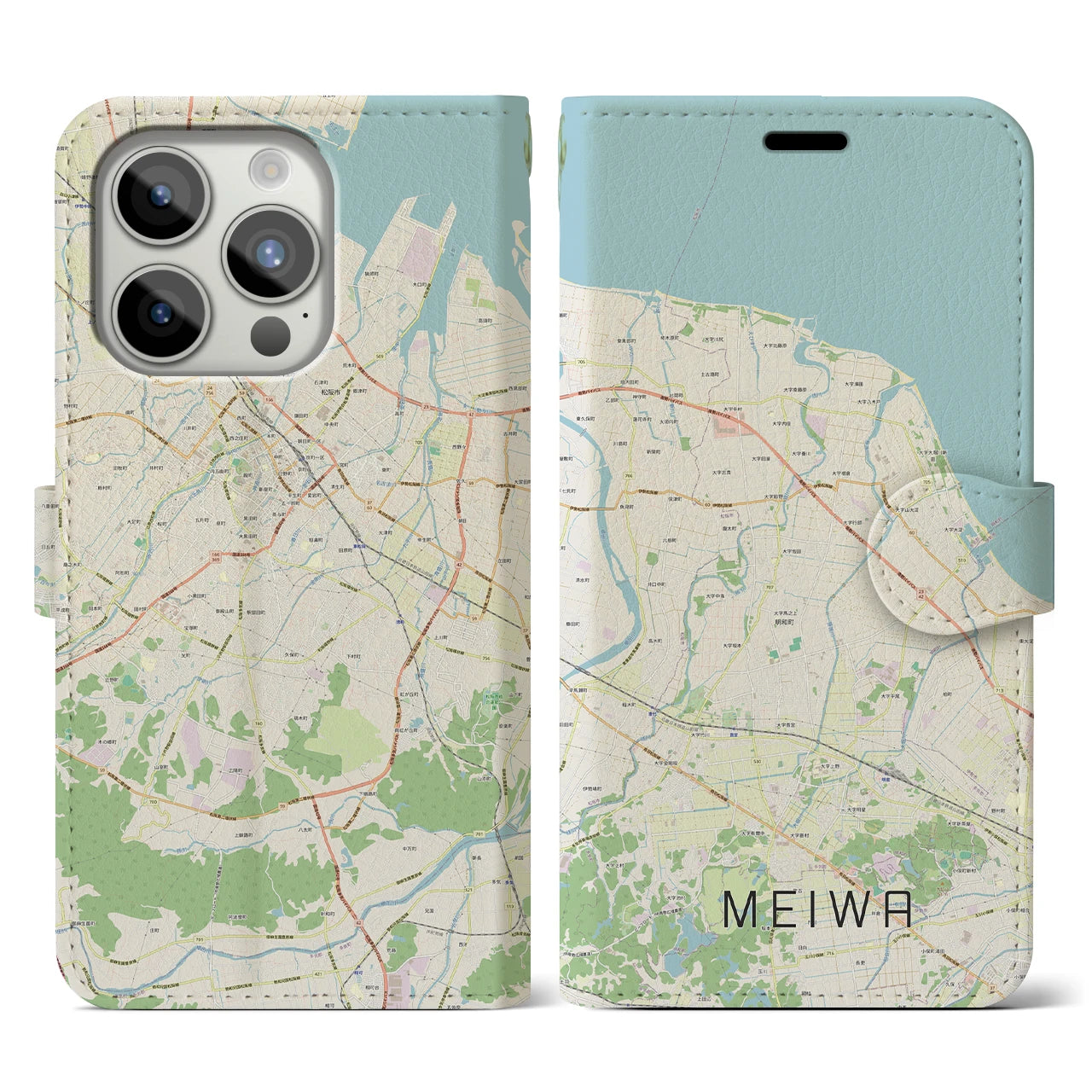 【明和(三重県)】地図柄iPhoneケース(手帳タイプ)ナチュラル・iPhone 15 Pro 用