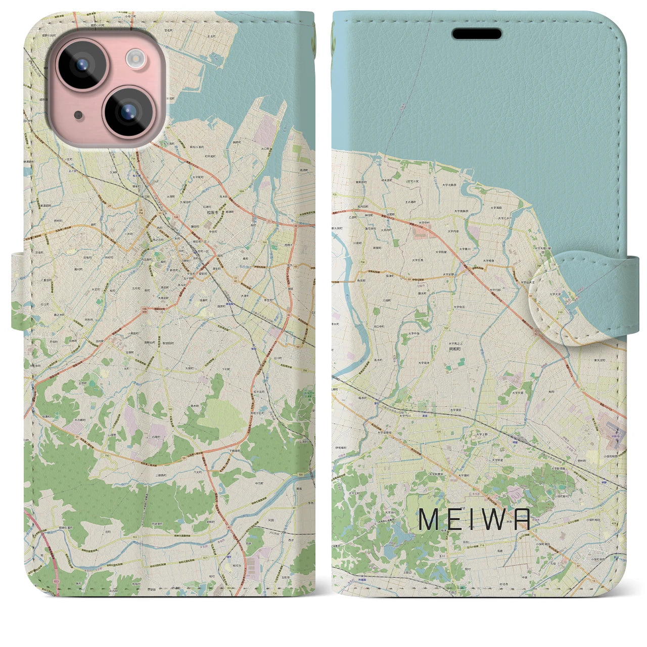 【明和(三重県)】地図柄iPhoneケース(手帳タイプ)ナチュラル・iPhone 15 Plus 用