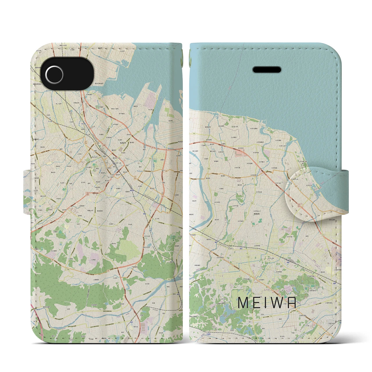 【明和(三重県)】地図柄iPhoneケース(手帳タイプ)ナチュラル・iPhone SE(第3 / 第2世代) / 8 / 7 / 6s / 6 用