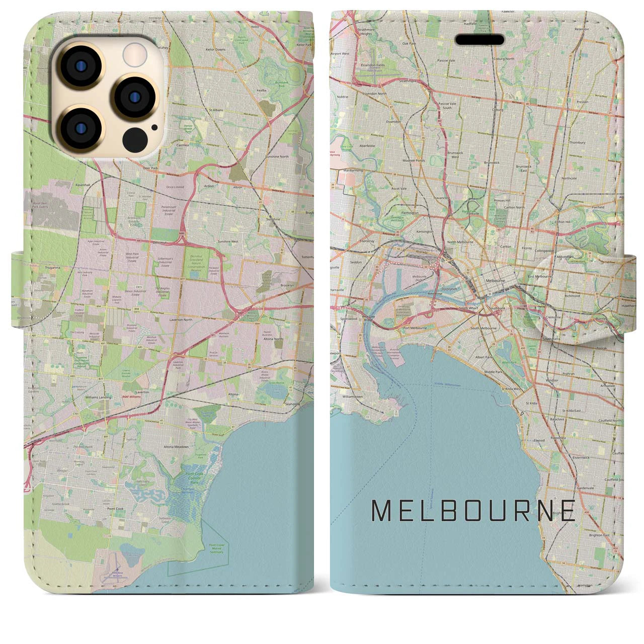 【メルボルン(オーストラリア)】地図柄iPhoneケース(手帳タイプ)ナチュラル・iPhone 12 Pro Max 用