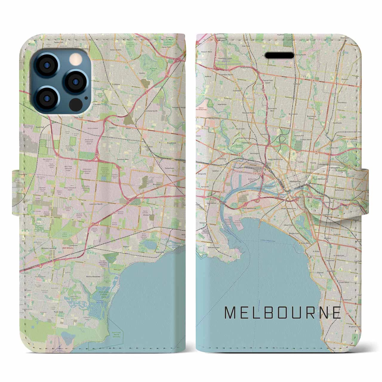 【メルボルン(オーストラリア)】地図柄iPhoneケース(手帳タイプ)ナチュラル・iPhone 12 / 12 Pro 用