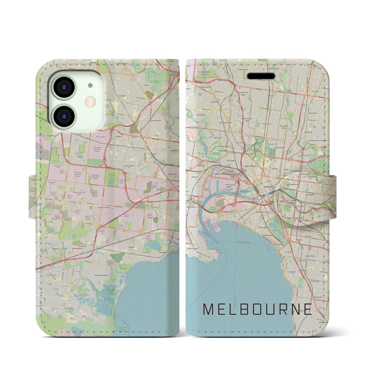 【メルボルン(オーストラリア)】地図柄iPhoneケース(手帳タイプ)ナチュラル・iPhone 12 mini 用