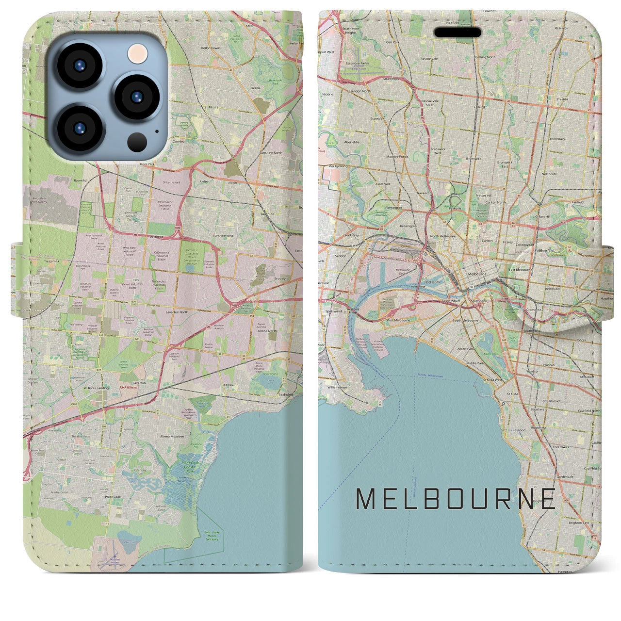 【メルボルン(オーストラリア)】地図柄iPhoneケース(手帳タイプ)ナチュラル・iPhone 13 Pro Max 用