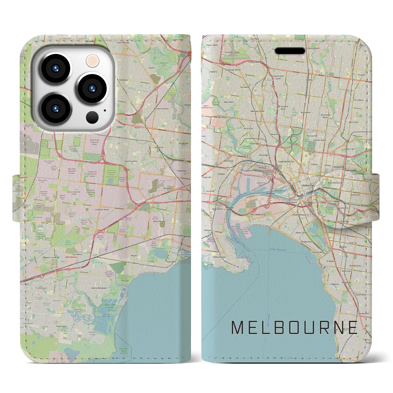 【メルボルン(オーストラリア)】地図柄iPhoneケース(手帳タイプ)ナチュラル・iPhone 13 Pro 用