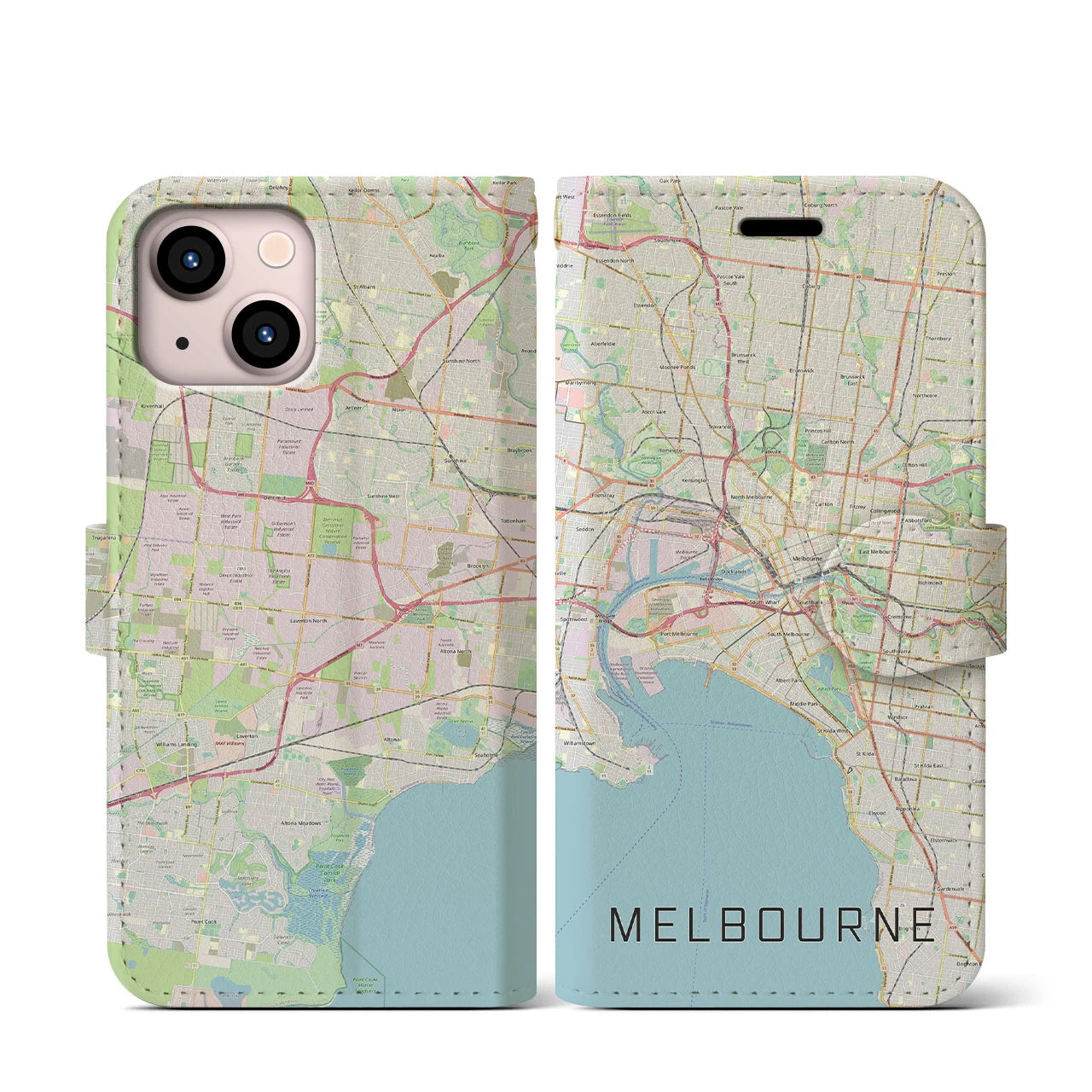 【メルボルン(オーストラリア)】地図柄iPhoneケース(手帳タイプ)ナチュラル・iPhone 13 mini 用