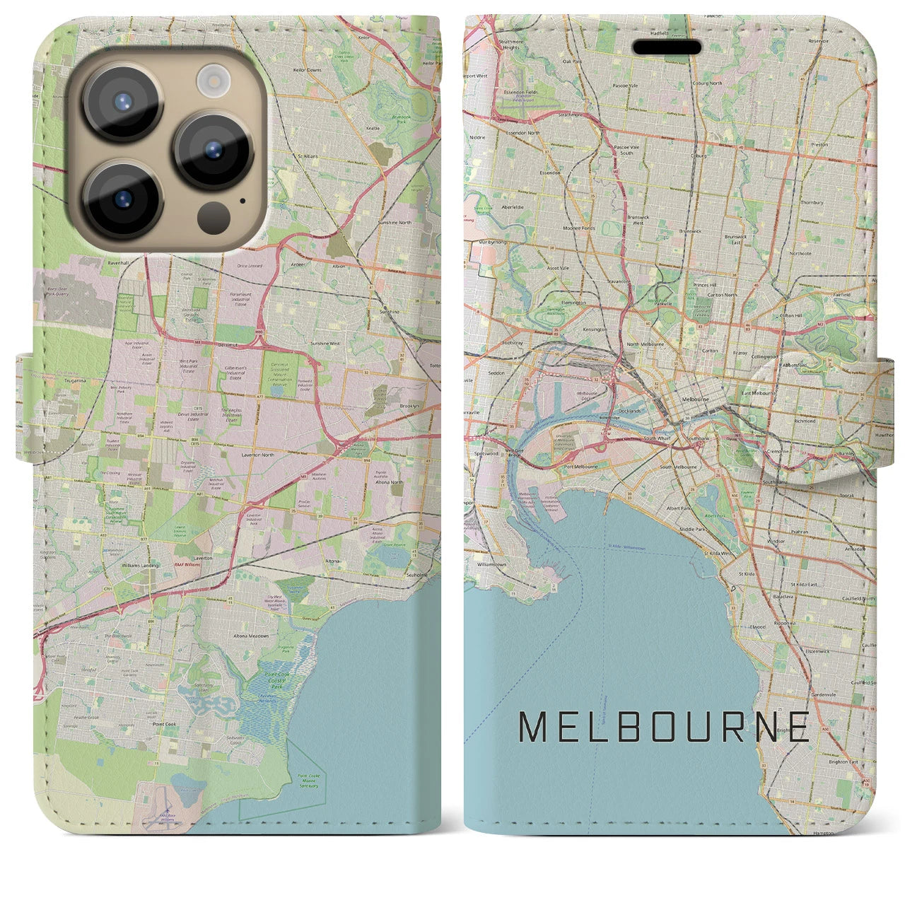 【メルボルン(オーストラリア)】地図柄iPhoneケース(手帳タイプ)ナチュラル・iPhone 14 Pro Max 用