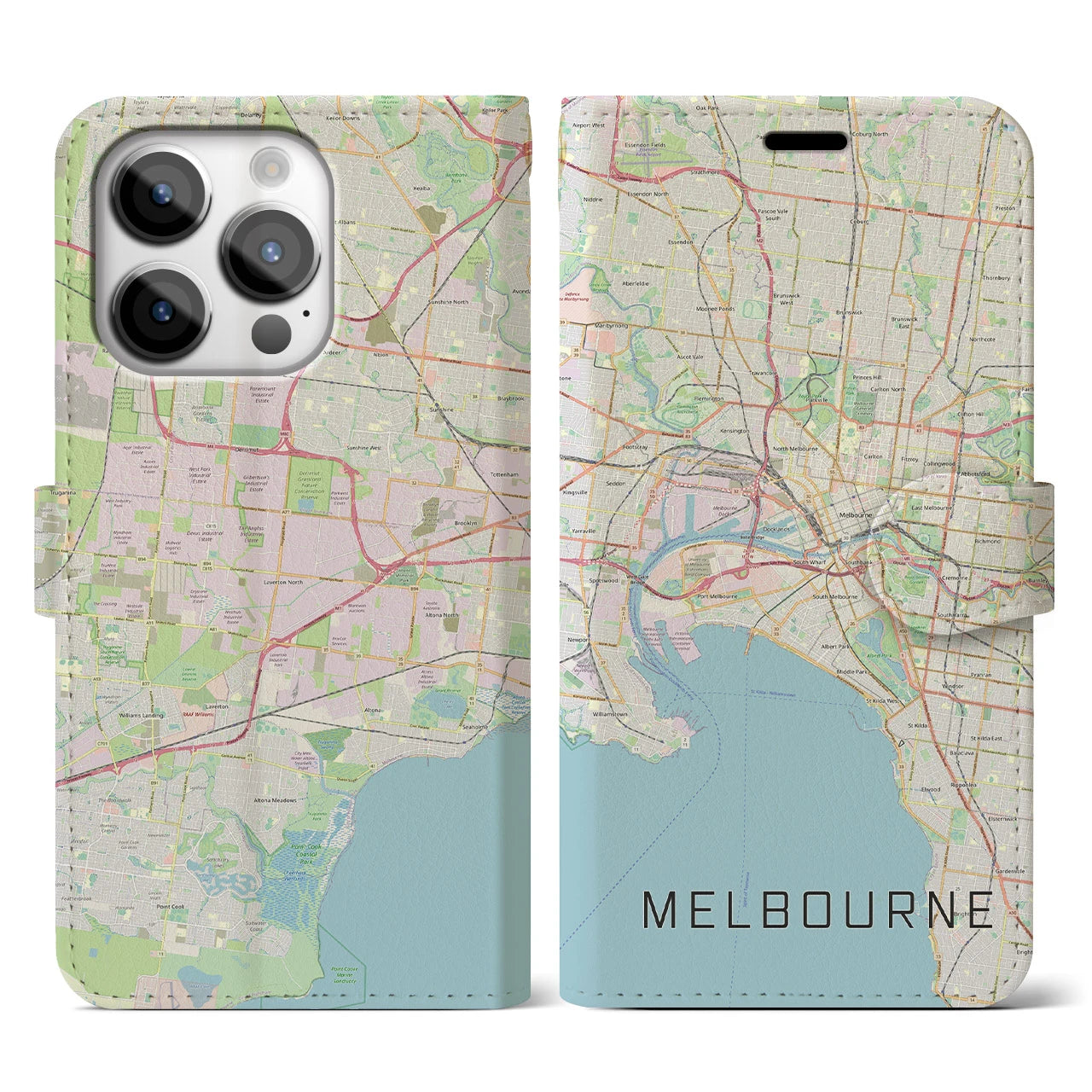【メルボルン(オーストラリア)】地図柄iPhoneケース(手帳タイプ)ナチュラル・iPhone 14 Pro 用