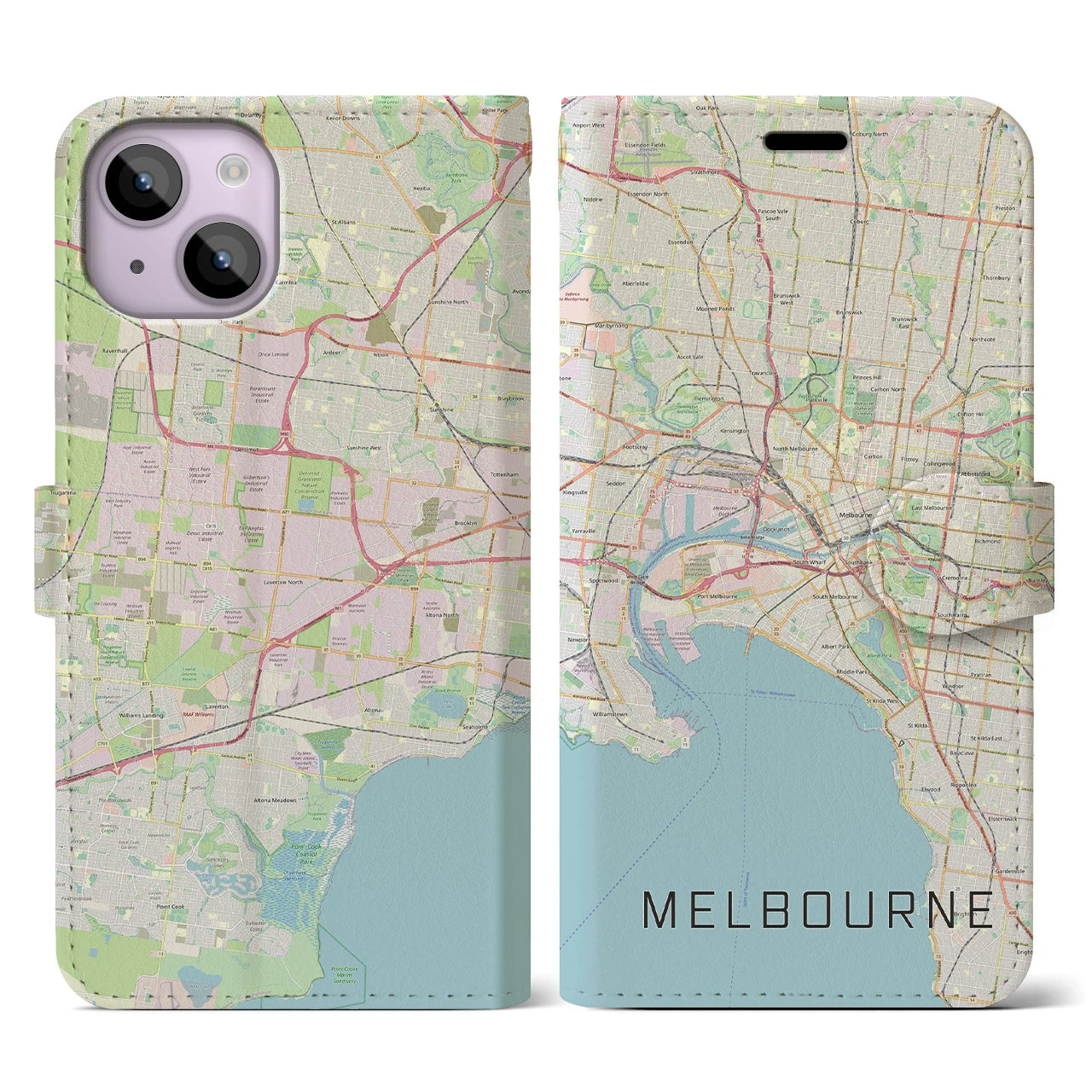 【メルボルン(オーストラリア)】地図柄iPhoneケース(手帳タイプ)ナチュラル・iPhone 14 用