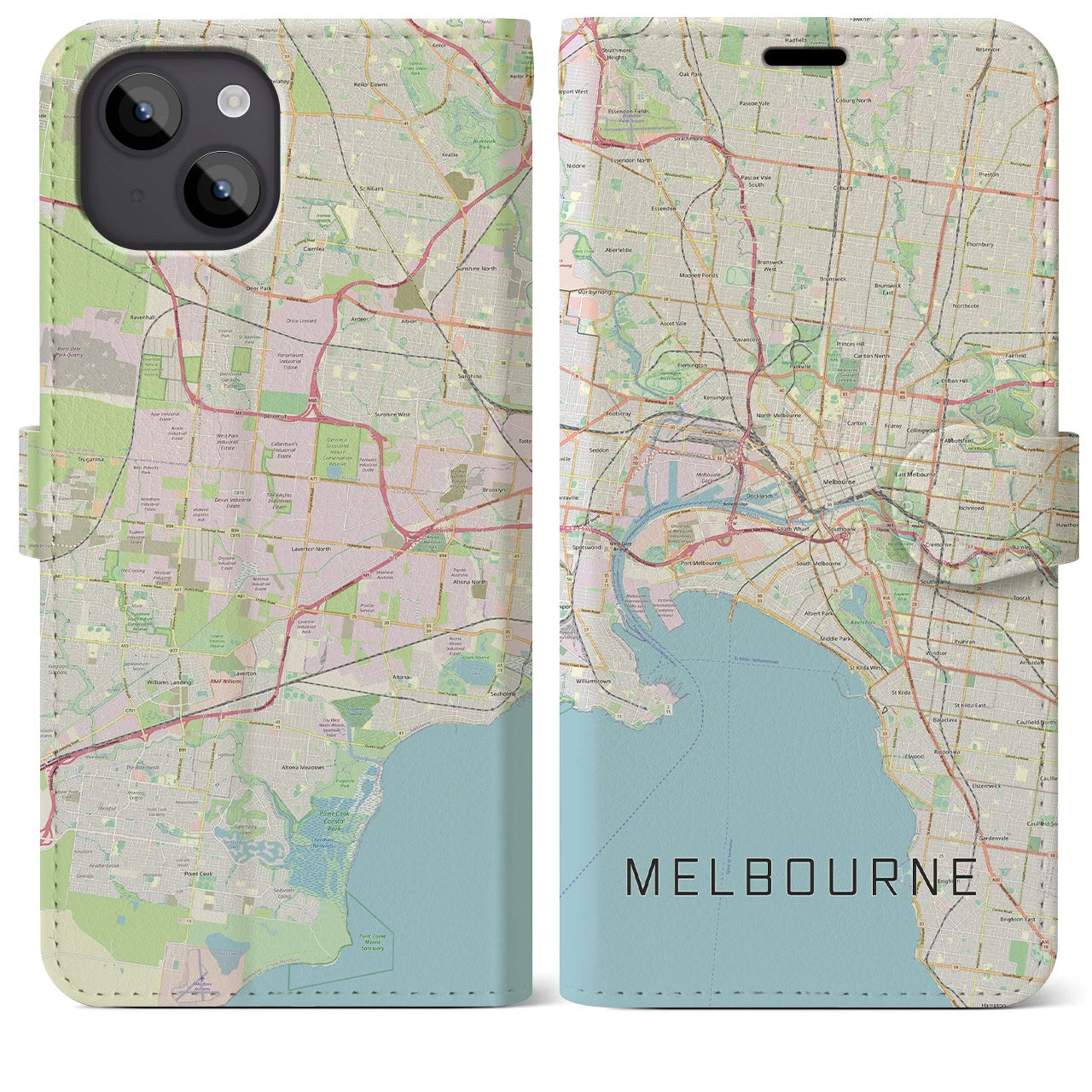 【メルボルン(オーストラリア)】地図柄iPhoneケース(手帳タイプ)ナチュラル・iPhone 14 Plus 用