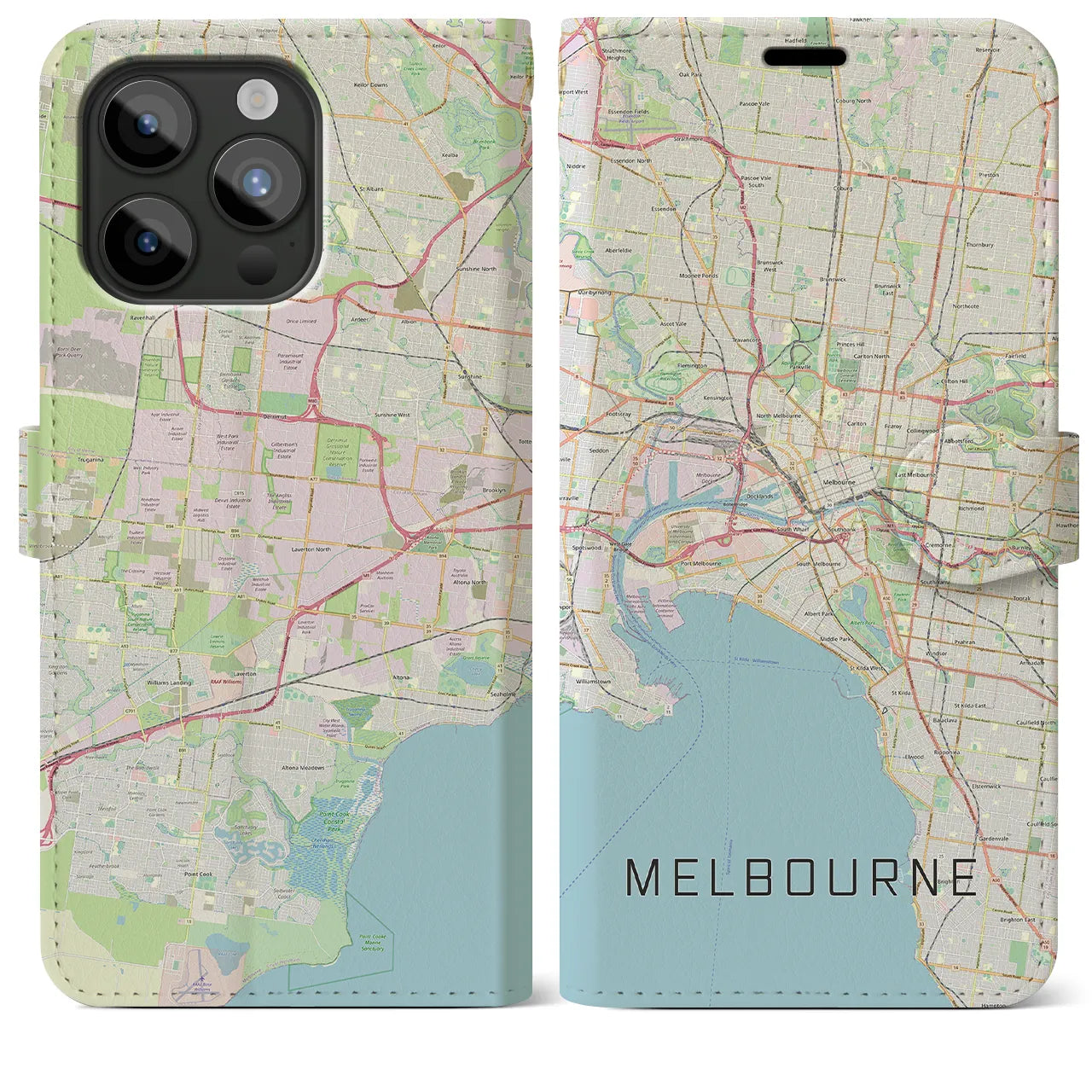【メルボルン(オーストラリア)】地図柄iPhoneケース(手帳タイプ)ナチュラル・iPhone 15 Pro Max 用
