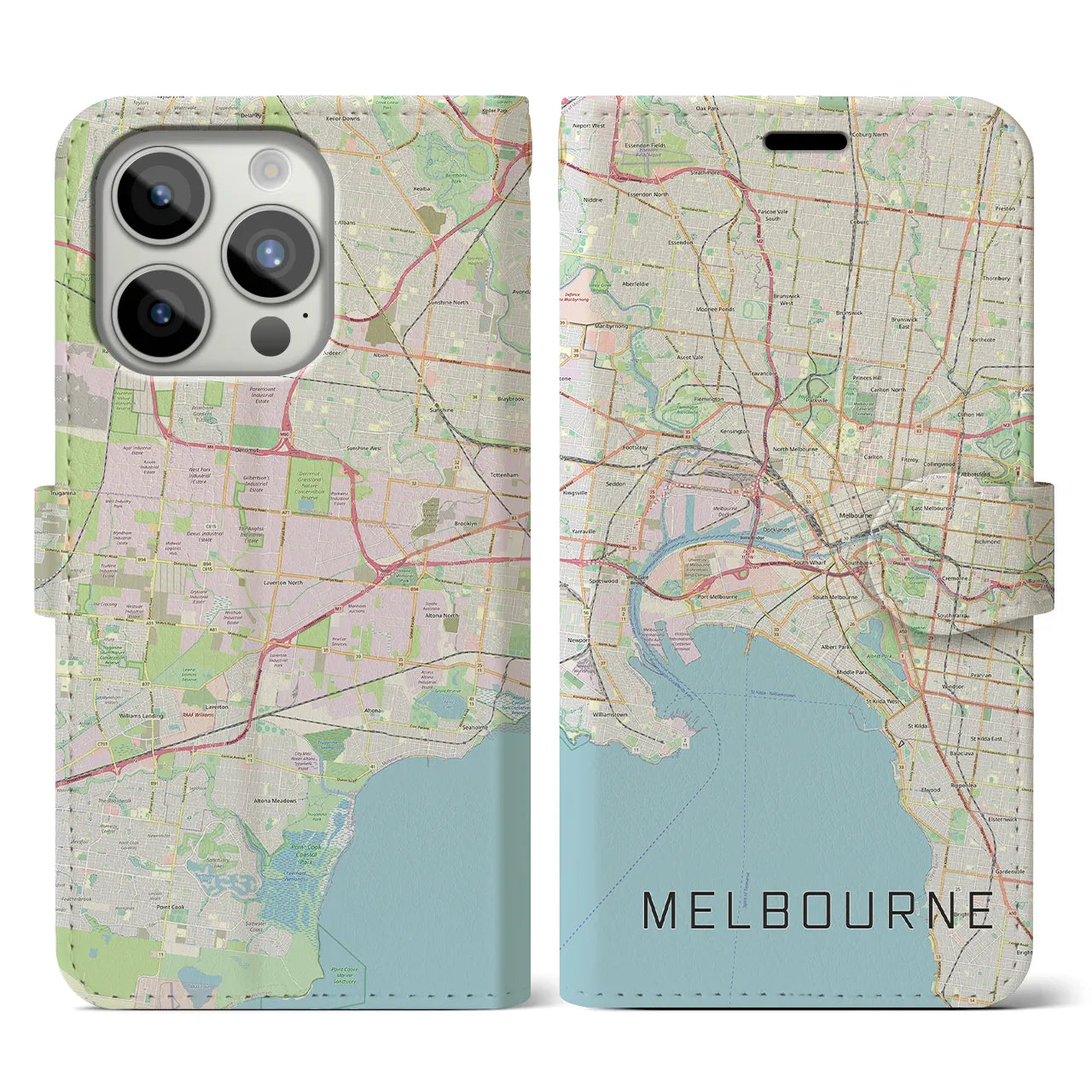 【メルボルン(オーストラリア)】地図柄iPhoneケース(手帳タイプ)ナチュラル・iPhone 15 Pro 用