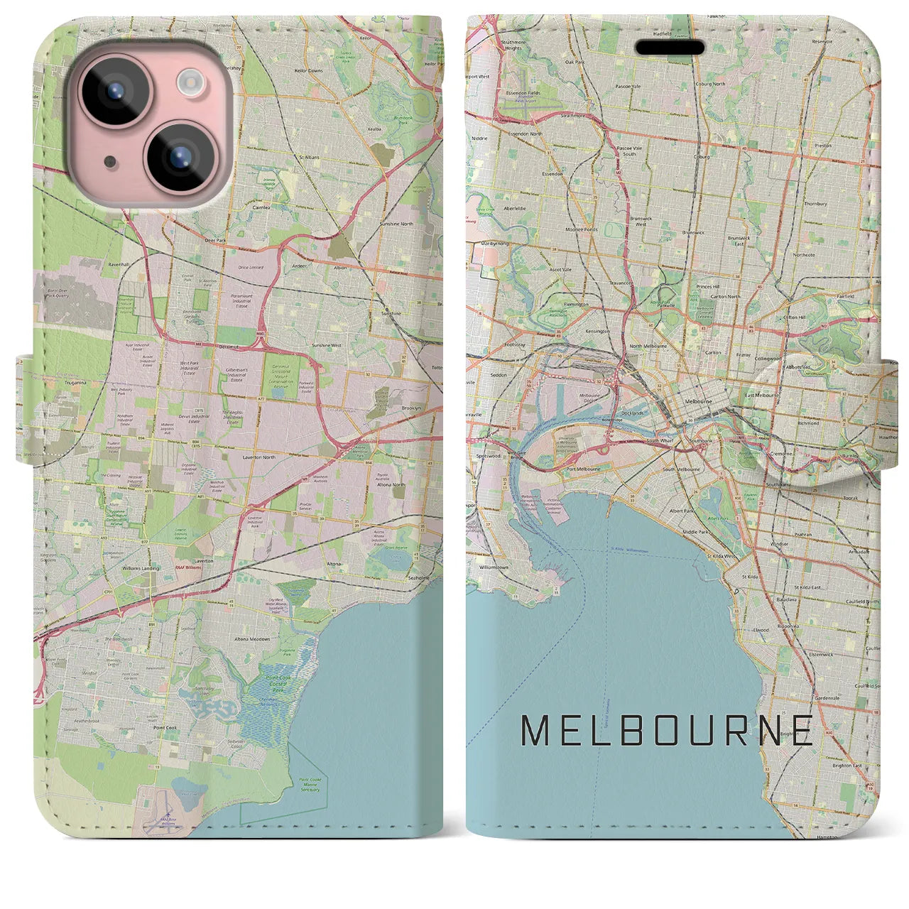 【メルボルン(オーストラリア)】地図柄iPhoneケース(手帳タイプ)ナチュラル・iPhone 15 Plus 用