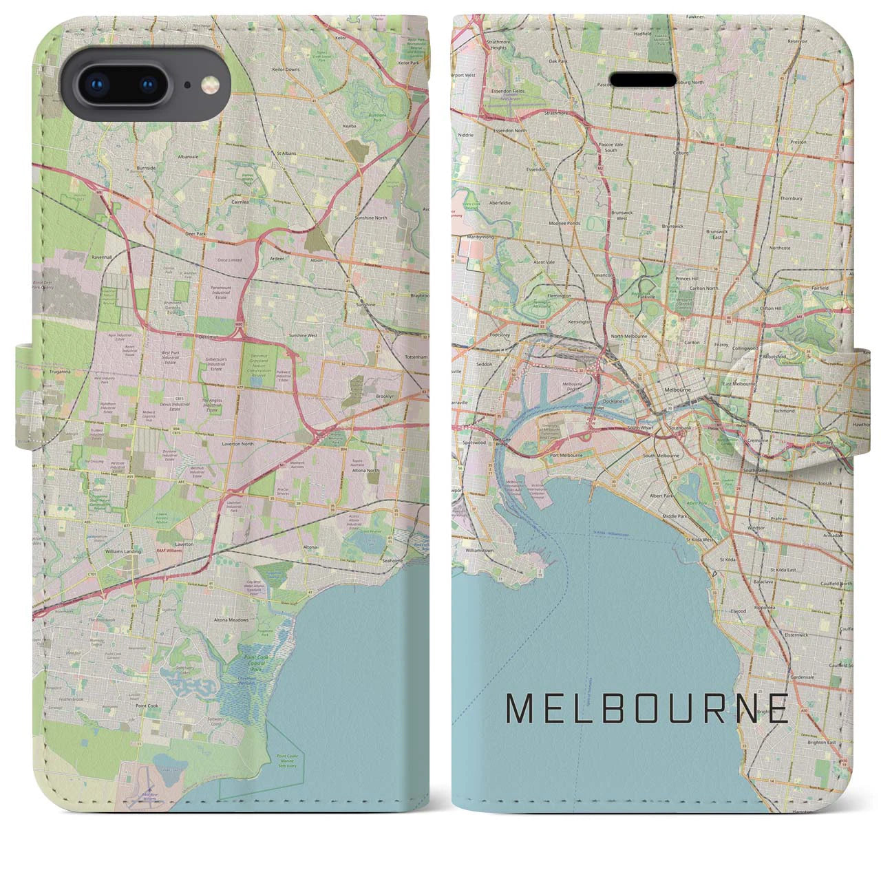 【メルボルン(オーストラリア)】地図柄iPhoneケース(手帳タイプ)ナチュラル・iPhone 8Plus /7Plus / 6sPlus / 6Plus 用
