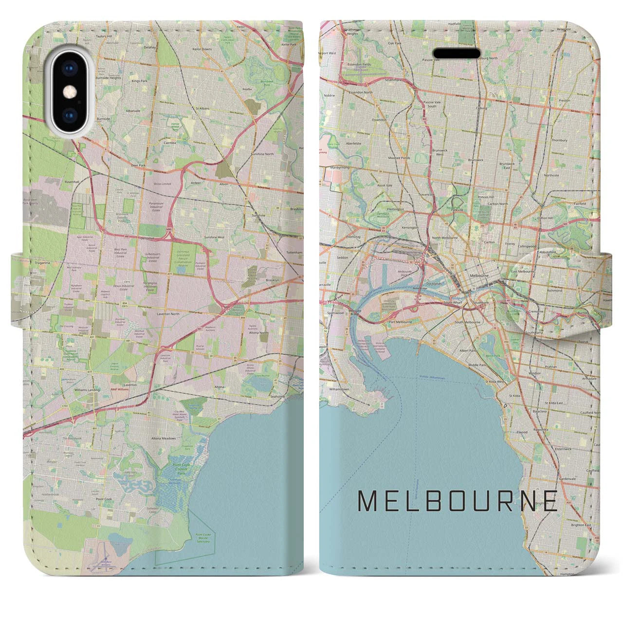 【メルボルン(オーストラリア)】地図柄iPhoneケース(手帳タイプ)ナチュラル・iPhone XS Max 用