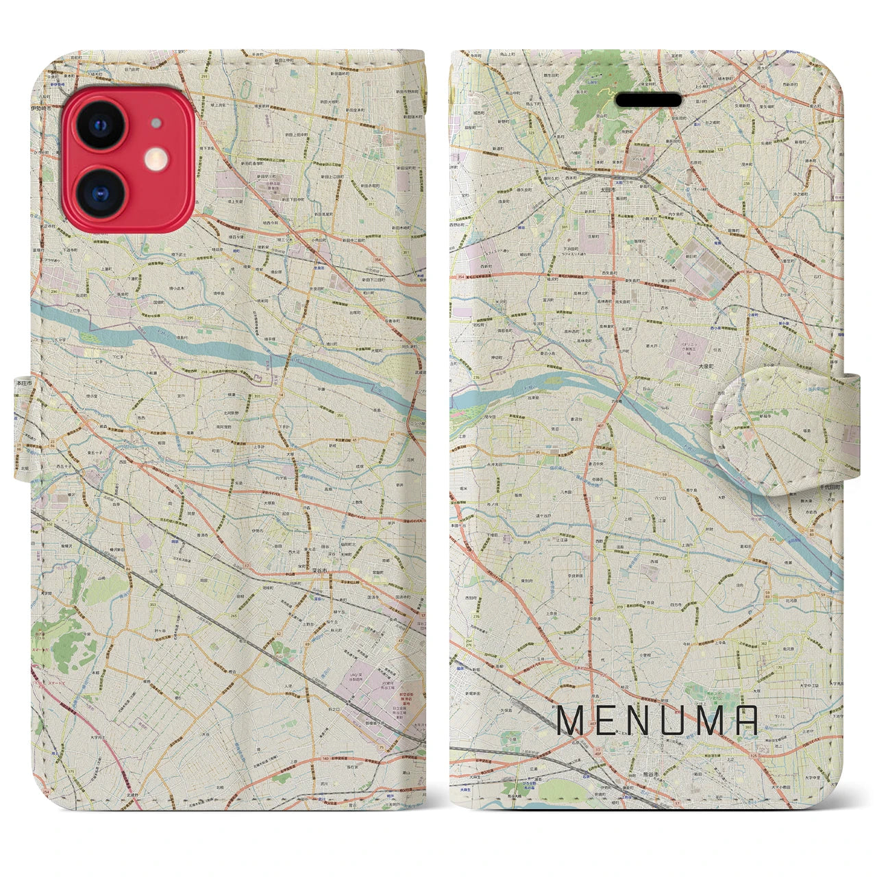 【妻沼(埼玉県)】地図柄iPhoneケース(手帳タイプ)ナチュラル・iPhone 11 用