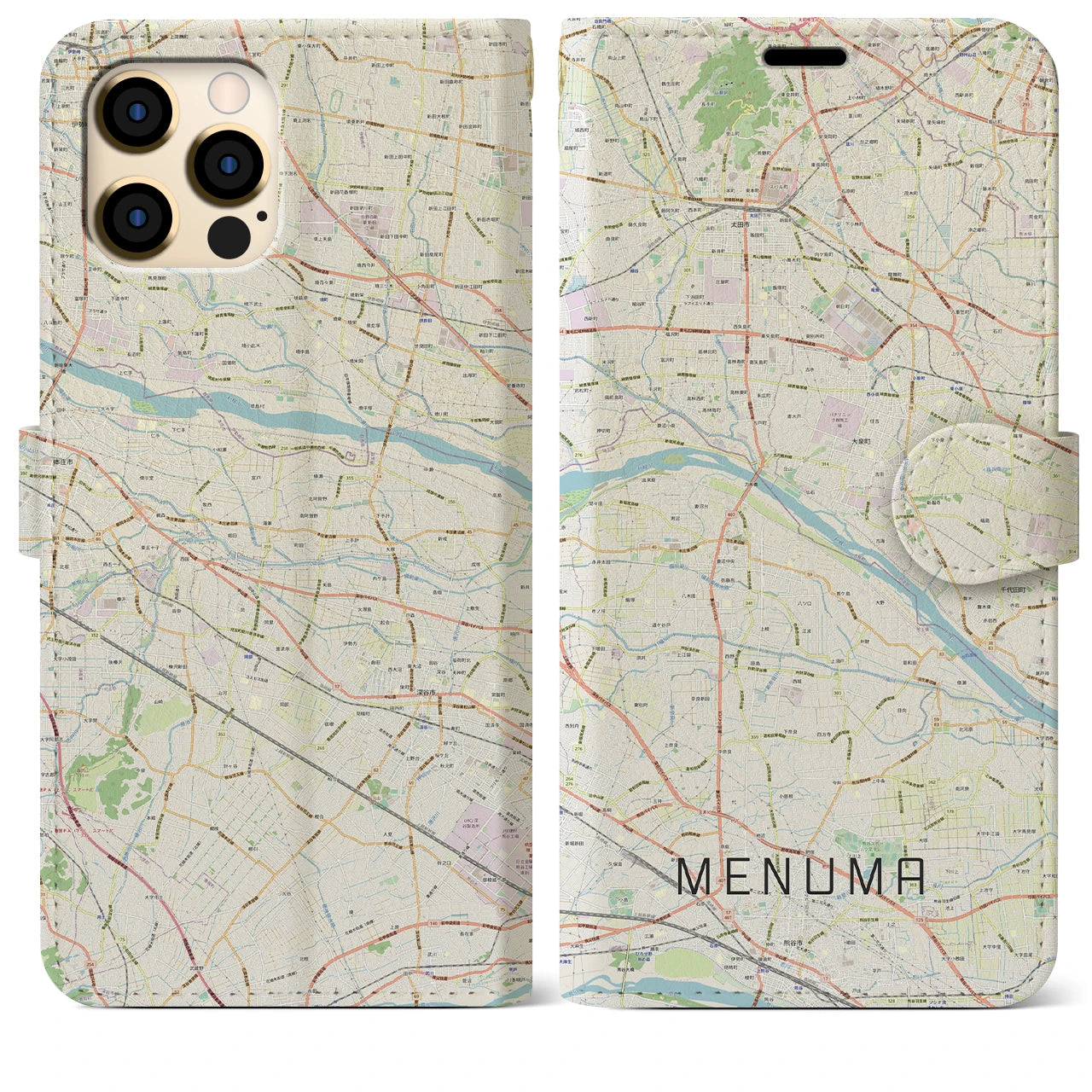 【妻沼(埼玉県)】地図柄iPhoneケース(手帳タイプ)ナチュラル・iPhone 12 Pro Max 用