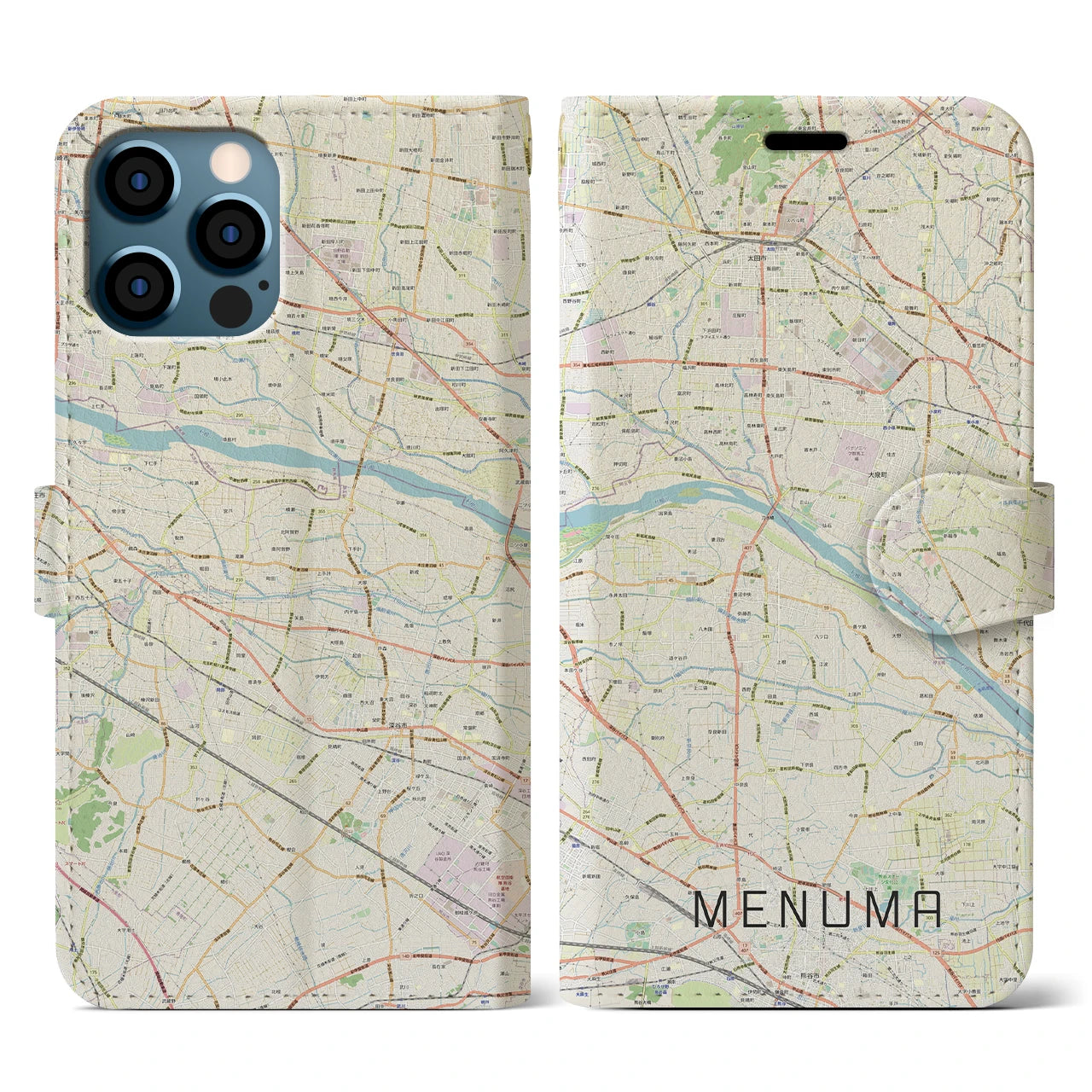 【妻沼(埼玉県)】地図柄iPhoneケース(手帳タイプ)ナチュラル・iPhone 12 / 12 Pro 用