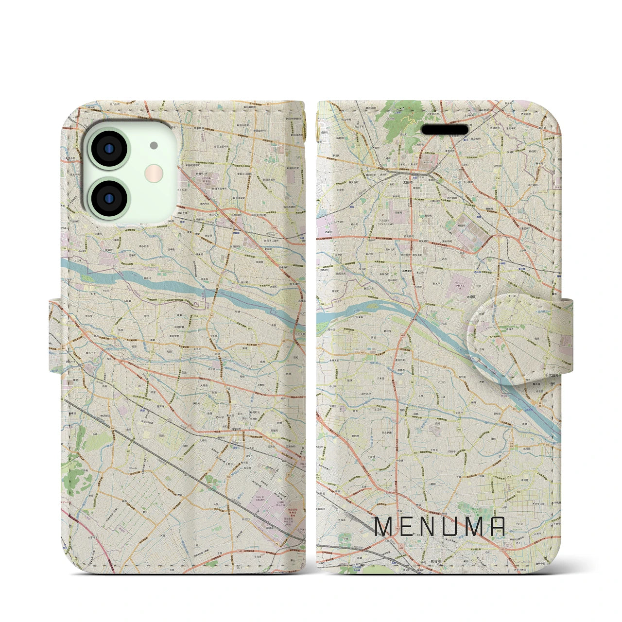 【妻沼(埼玉県)】地図柄iPhoneケース(手帳タイプ)ナチュラル・iPhone 12 mini 用
