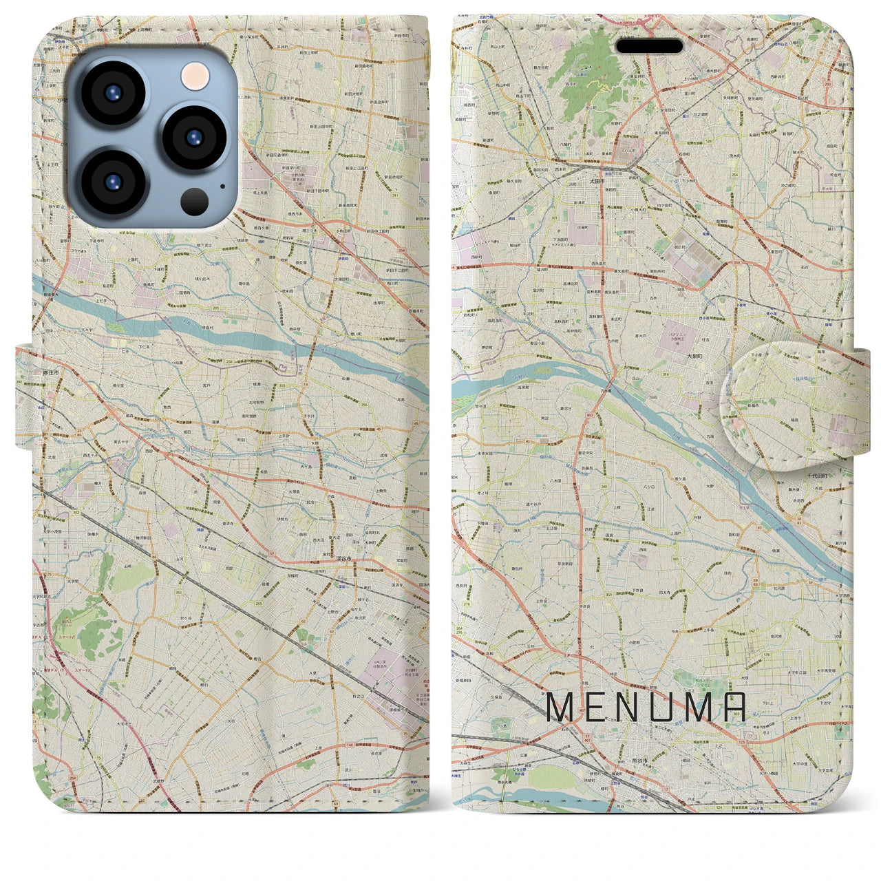 【妻沼(埼玉県)】地図柄iPhoneケース(手帳タイプ)ナチュラル・iPhone 13 Pro Max 用