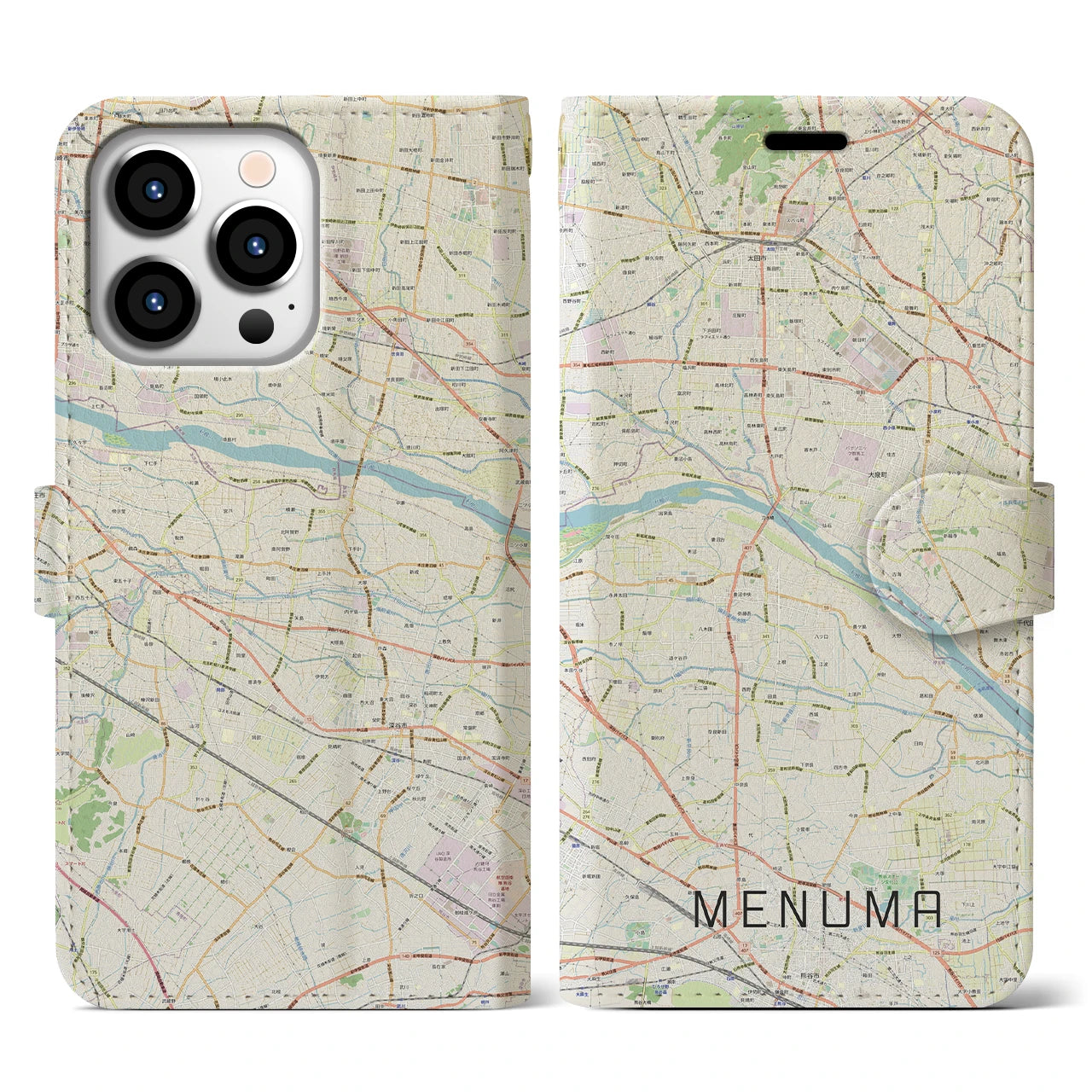 【妻沼(埼玉県)】地図柄iPhoneケース(手帳タイプ)ナチュラル・iPhone 13 Pro 用