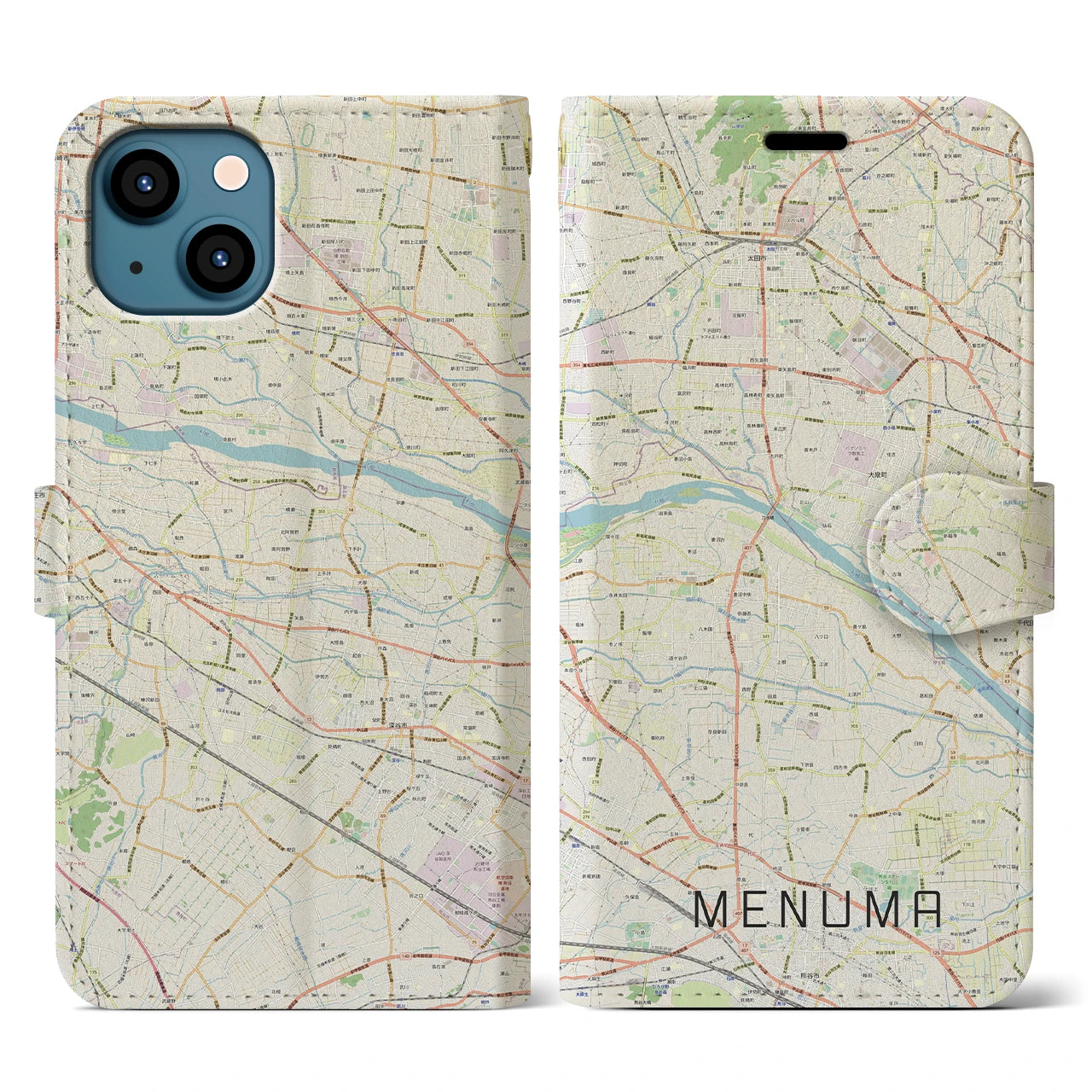 【妻沼(埼玉県)】地図柄iPhoneケース(手帳タイプ)ナチュラル・iPhone 13 用