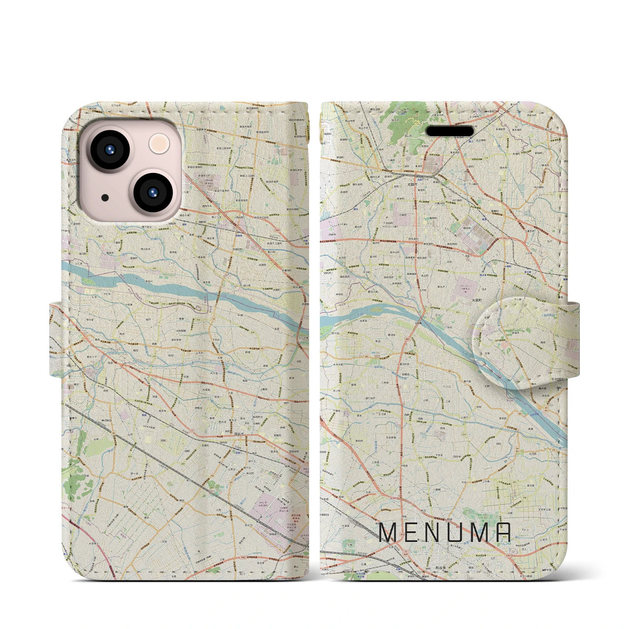 【妻沼(埼玉県)】地図柄iPhoneケース(手帳タイプ)ナチュラル・iPhone 13 mini 用