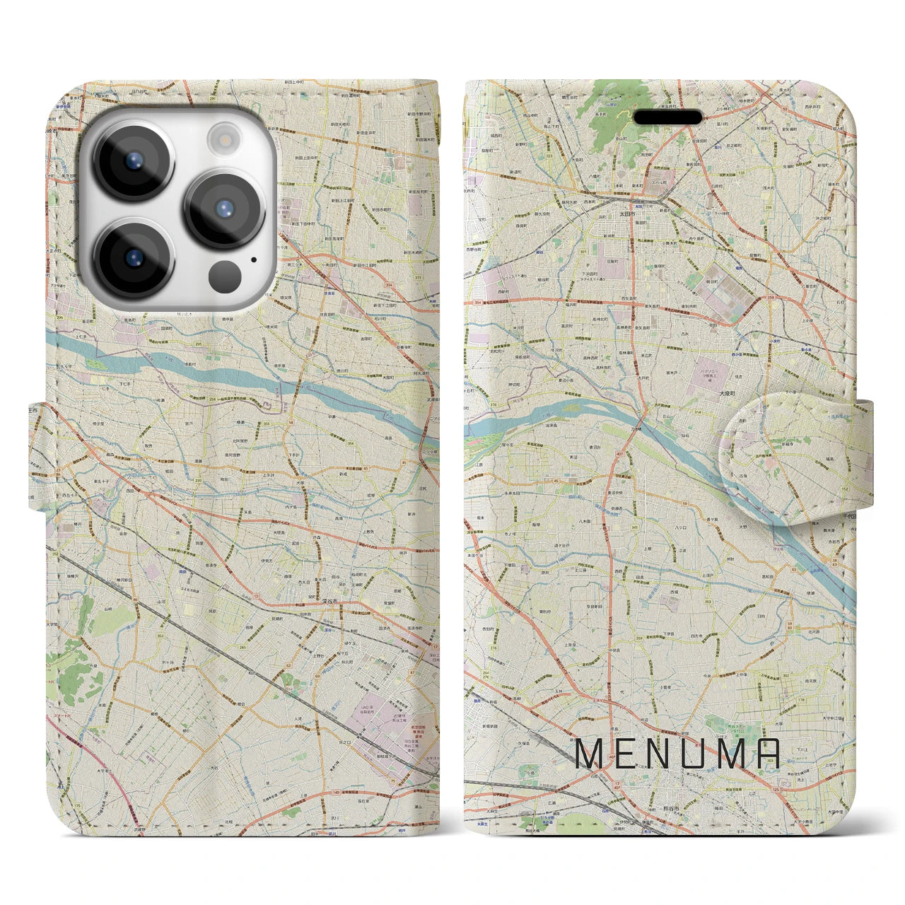 【妻沼(埼玉県)】地図柄iPhoneケース(手帳タイプ)ナチュラル・iPhone 14 Pro 用