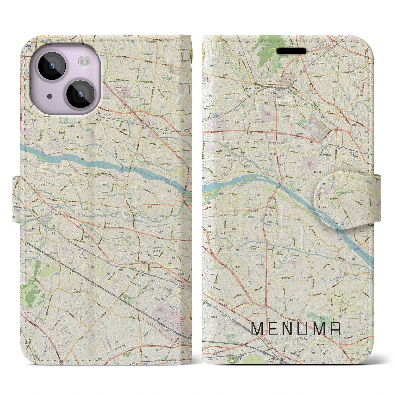 【妻沼(埼玉県)】地図柄iPhoneケース(手帳タイプ)ナチュラル・iPhone 14 用