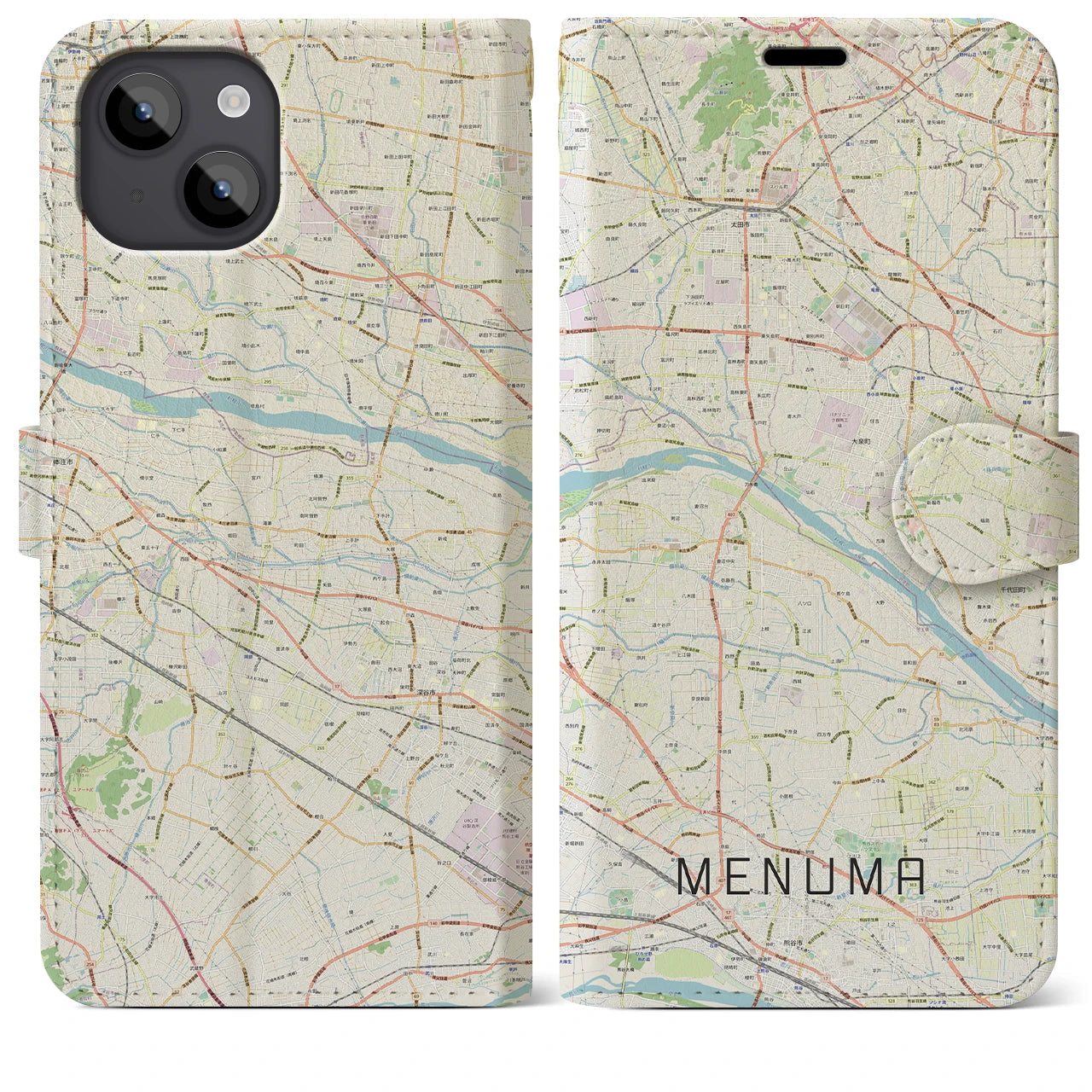 【妻沼(埼玉県)】地図柄iPhoneケース(手帳タイプ)ナチュラル・iPhone 14 Plus 用