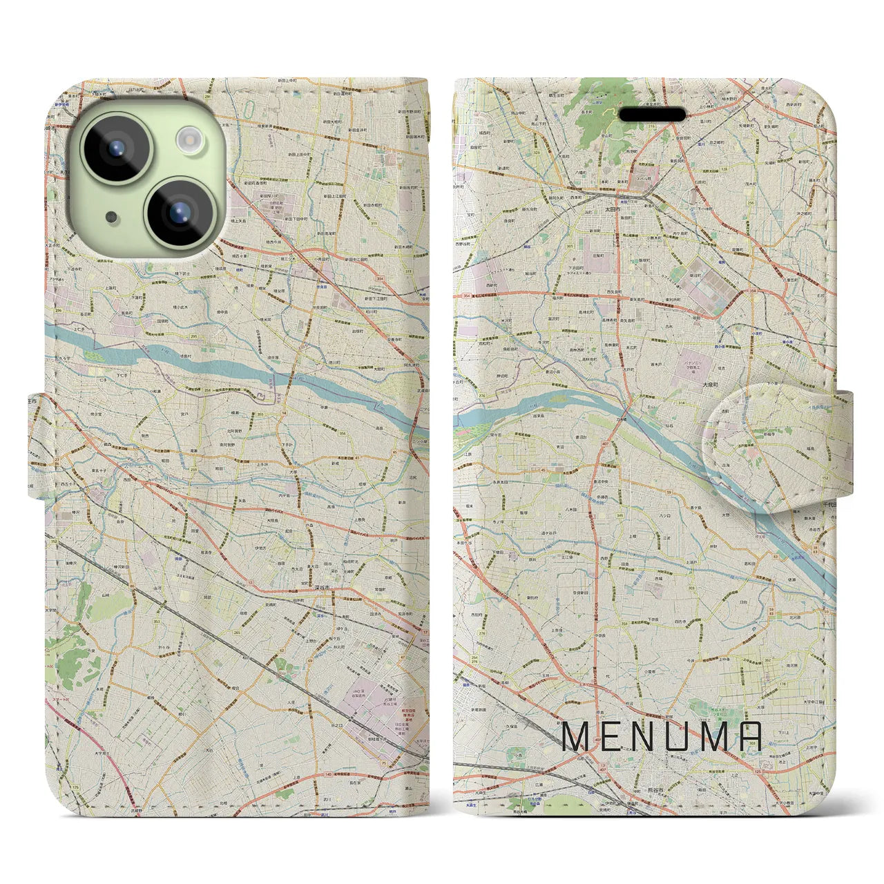【妻沼(埼玉県)】地図柄iPhoneケース(手帳タイプ)ナチュラル・iPhone 15 用