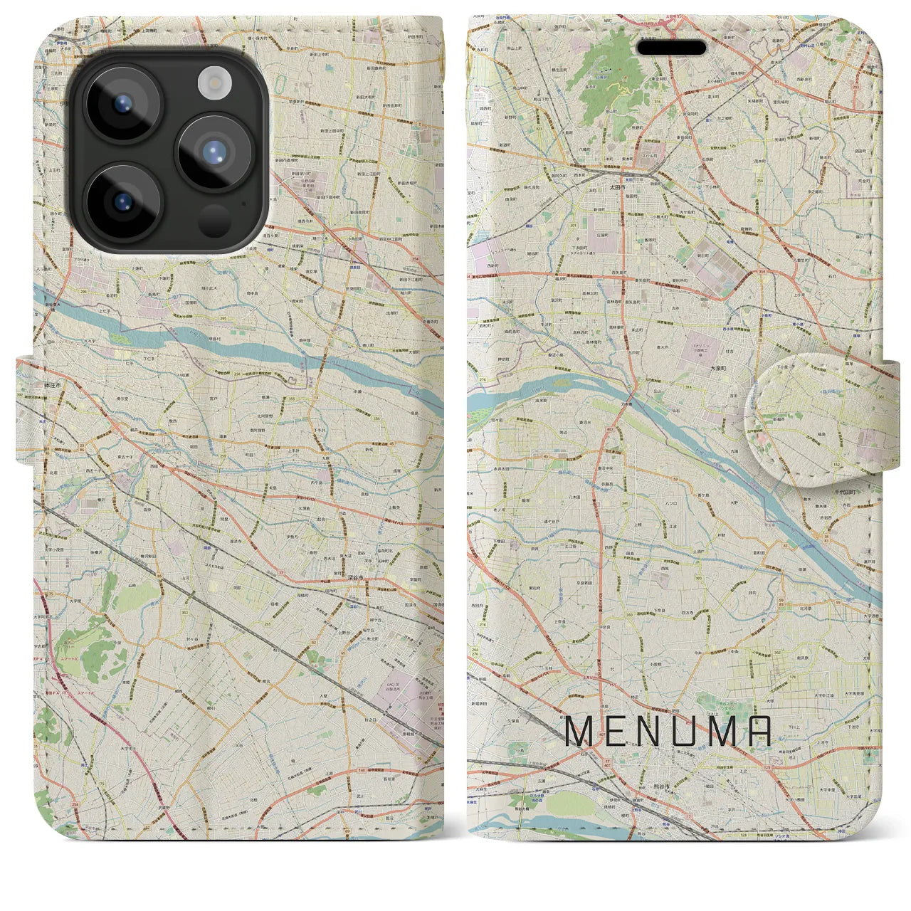 【妻沼(埼玉県)】地図柄iPhoneケース(手帳タイプ)ナチュラル・iPhone 15 Pro Max 用