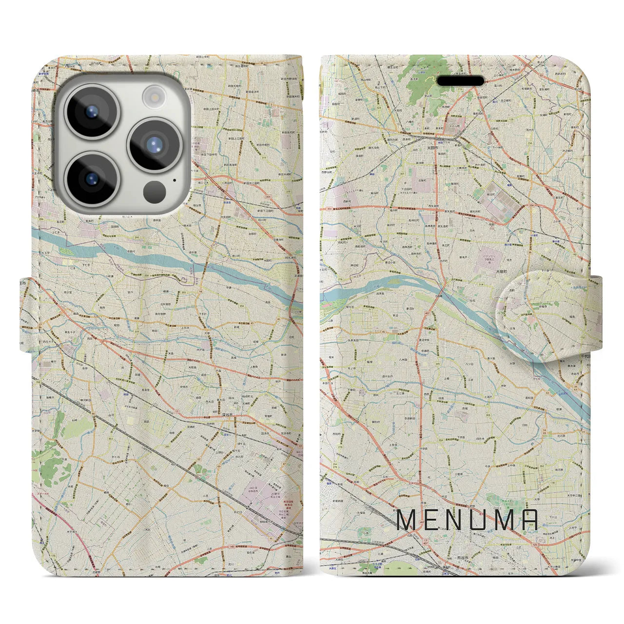 【妻沼(埼玉県)】地図柄iPhoneケース(手帳タイプ)ナチュラル・iPhone 15 Pro 用
