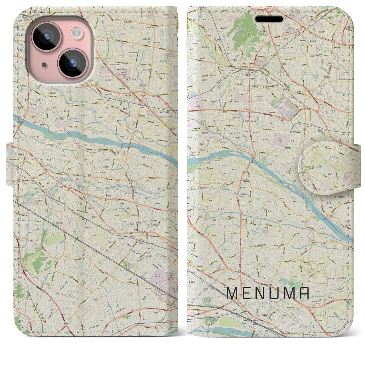 【妻沼(埼玉県)】地図柄iPhoneケース(手帳タイプ)ナチュラル・iPhone 15 Plus 用
