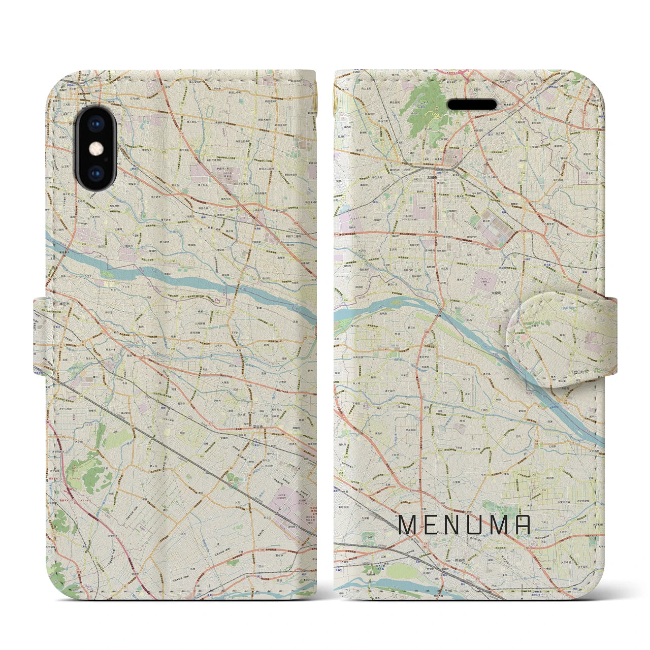【妻沼(埼玉県)】地図柄iPhoneケース(手帳タイプ)ナチュラル・iPhone XS / X 用