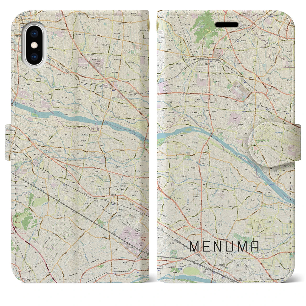 【妻沼(埼玉県)】地図柄iPhoneケース(手帳タイプ)ナチュラル・iPhone XS Max 用